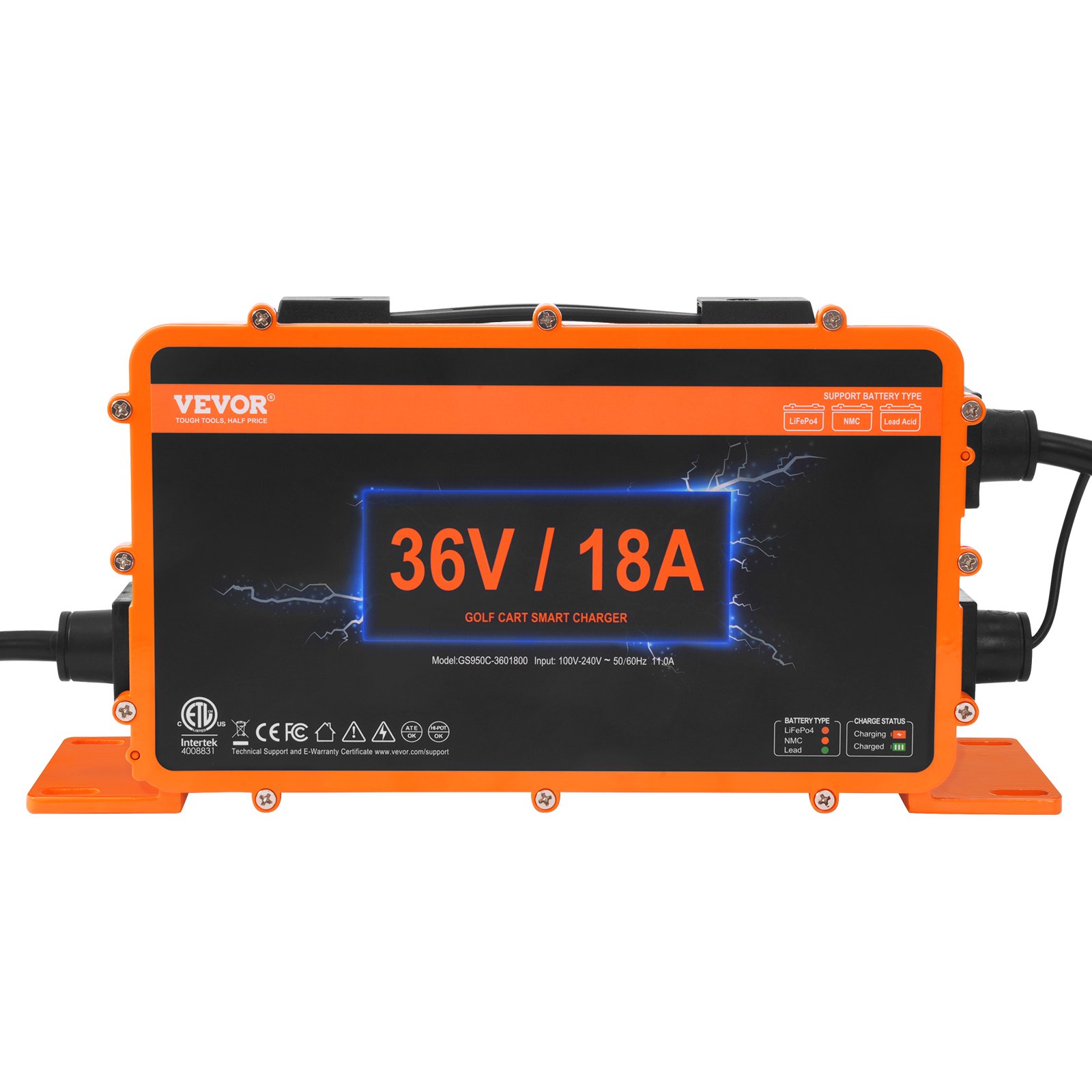 VEVOR Cargador de batería para carrito de golf de 36 voltios, 18 amperios, cargador de coche inteligente para club con enchufe Crowfoot, compatible con baterías de plomo-ácido AGM/GEL/EFB MF NMC LiFePO4 para Club Car EZGO Yamaha, certificado IP67 ETL