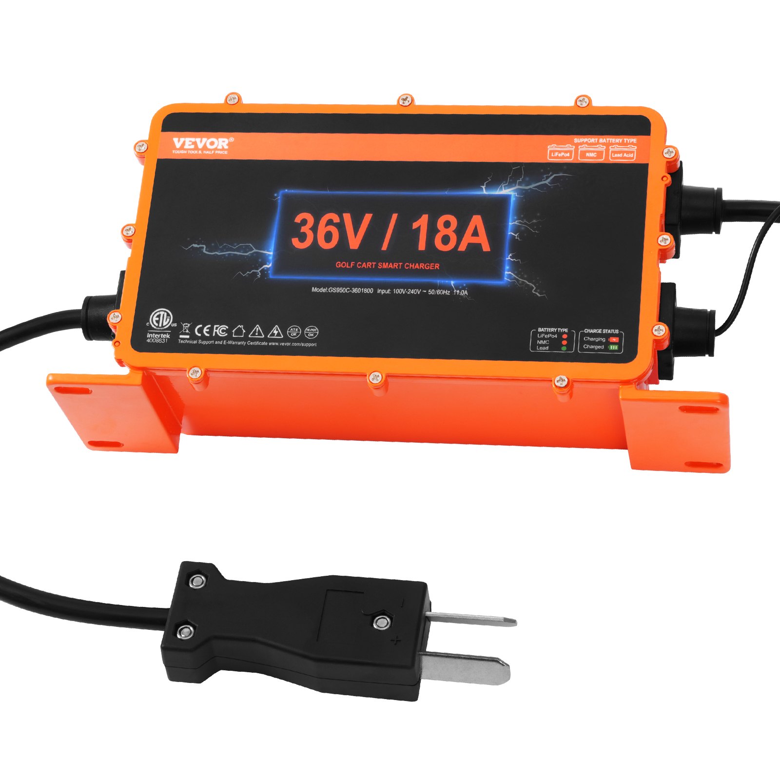 VEVOR Cargador de batería para carrito de golf de 36 voltios, 18 amperios, cargador de coche inteligente para club con enchufe Crowfoot, compatible con baterías de plomo-ácido AGM/GEL/EFB MF NMC LiFePO4 para Club Car EZGO Yamaha, certificado IP67 ETL