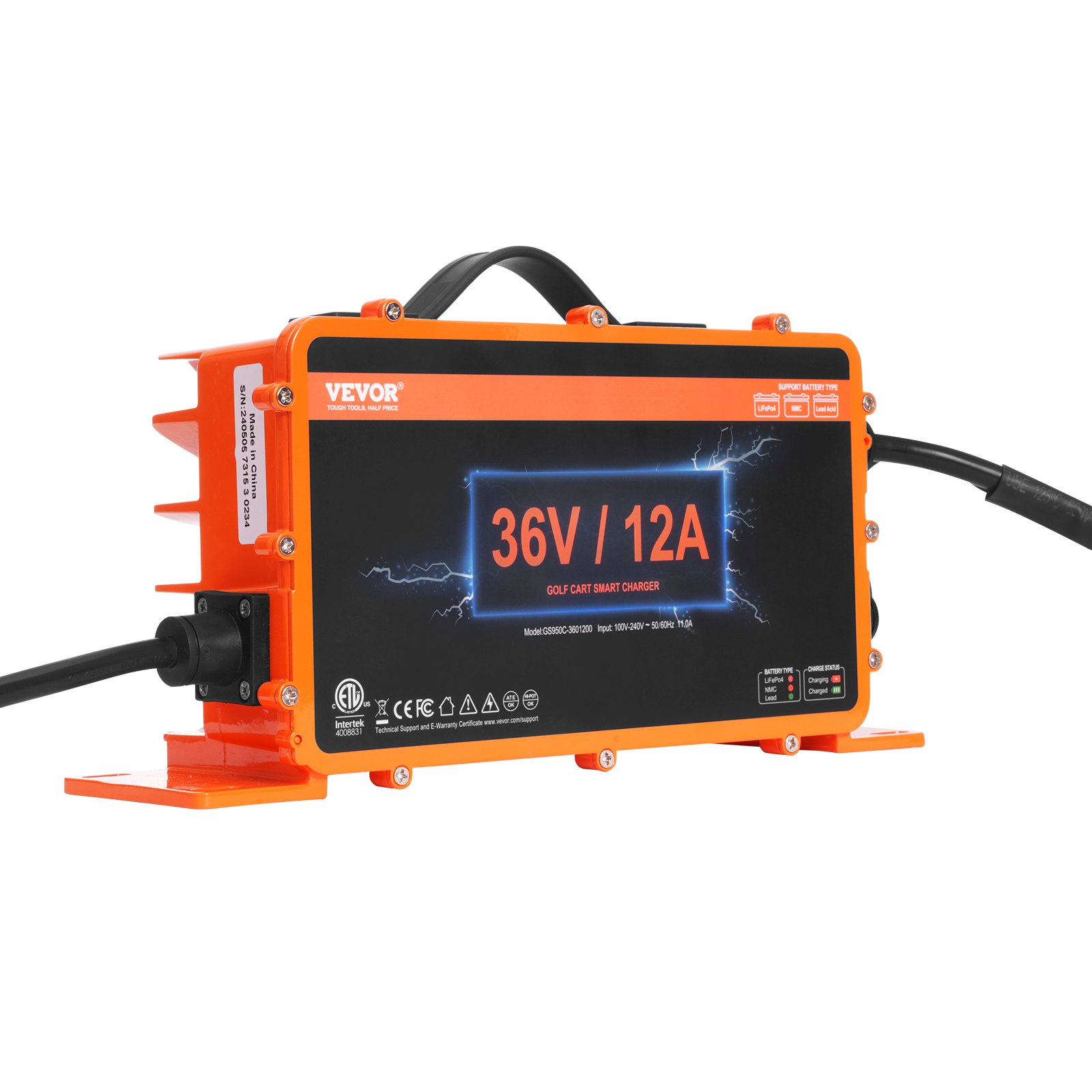 VEVOR 36-volt golf cart battery charger, 12 amps, intelligent battery charger with D-style connector, compatible with lead-acid AGM/GEL/EFB MF NMC LiFePO4 batteries for EZGO TXT, IP67