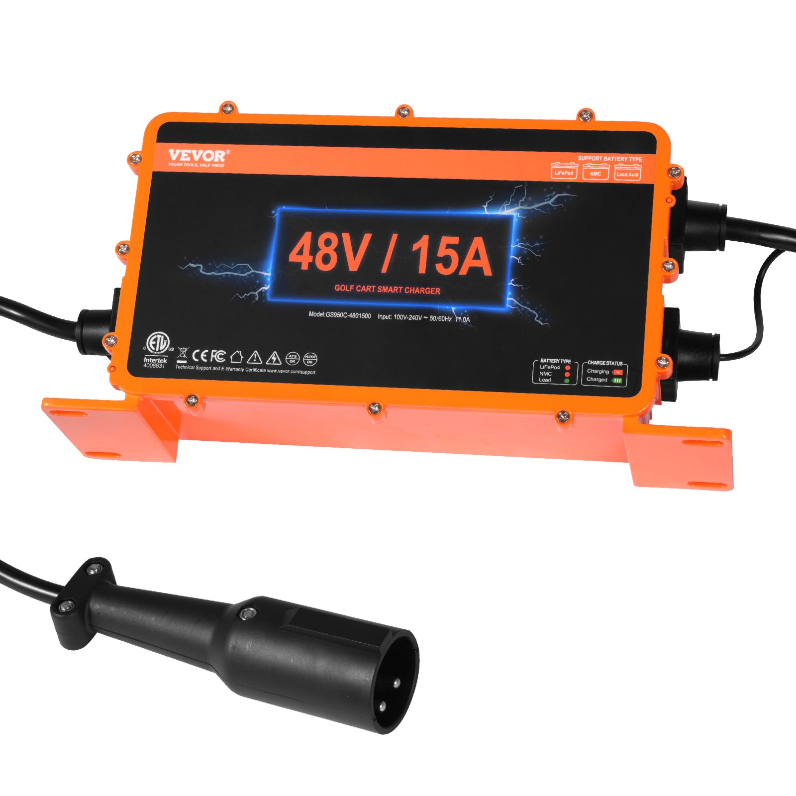 VEVOR Cargador de batería para carrito de golf de 48 voltios, 15 amperios, cargador de batería inteligente con enchufe redondo de 3 pines, compatible con baterías de plomo-ácido AGM/GEL/EFB MF inundadas NMC LiFePO4 para Club Car, certificado IP67 ETL