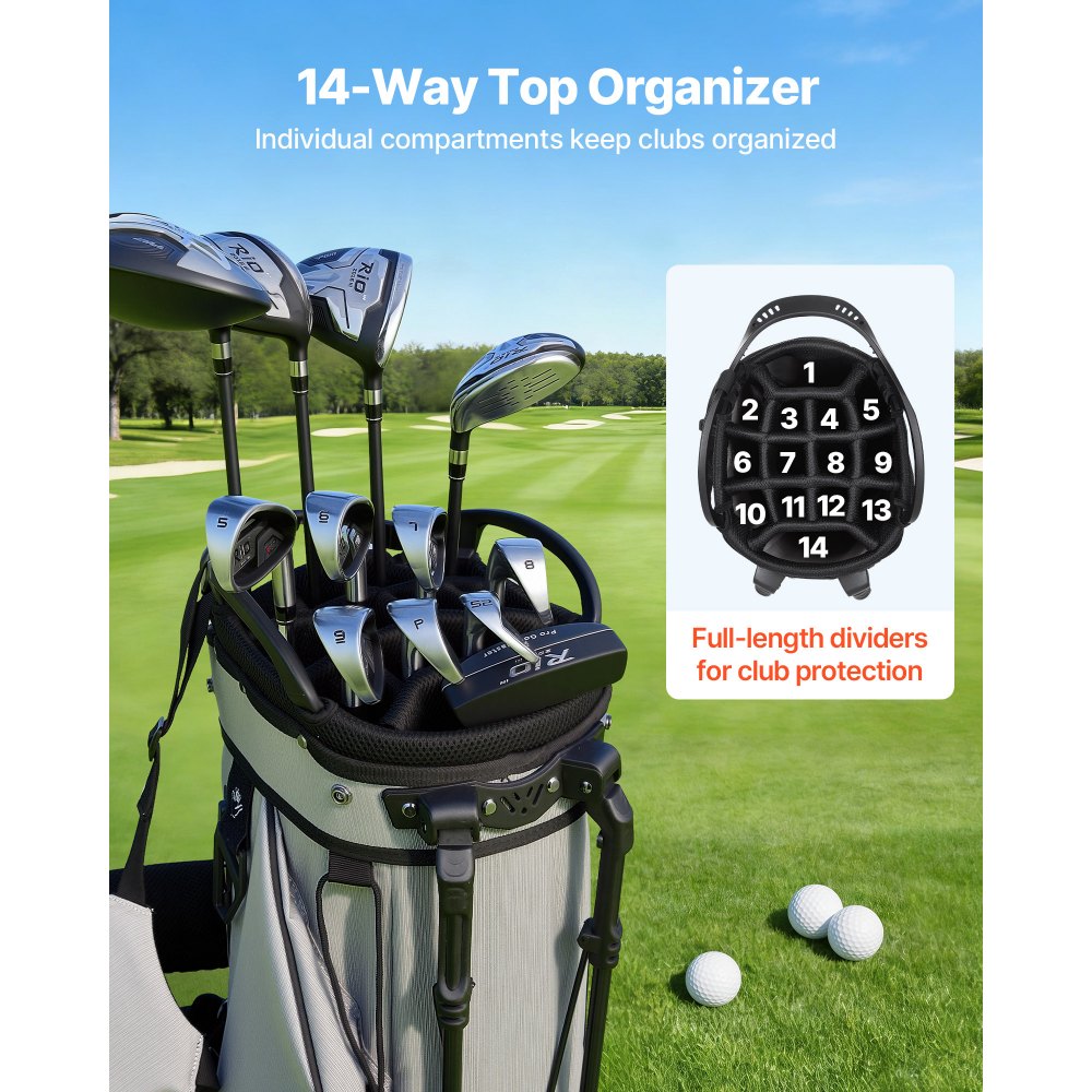 VEOVR Bolsa de Palos de Golf con Divisor Individual de 14 Vías, 7 Bolsillos de Almacenamiento, Bolsa de Golf de Poliéster, con Correas para Hombros, Soporte, Cubierta para Lluvia, para Adultos