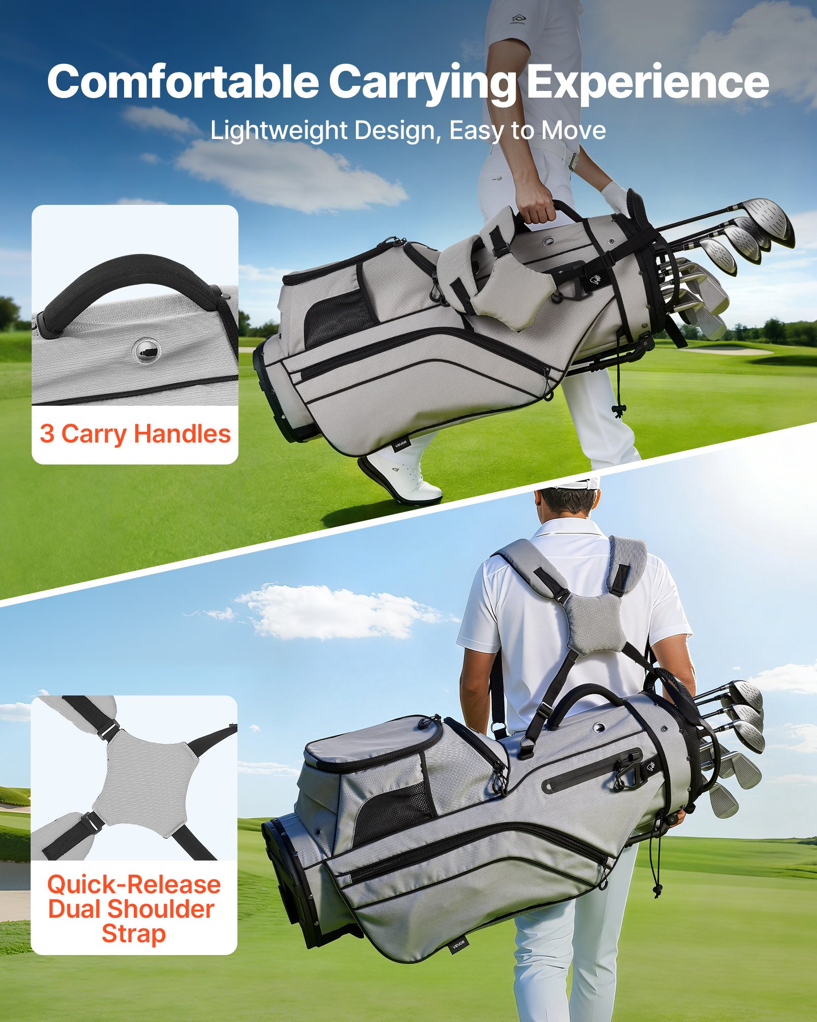 VEOVR Bolsa de Palos de Golf con Divisor Individual de 14 Vías, 7 Bolsillos de Almacenamiento, Bolsa de Golf de Poliéster, con Correas para Hombros, Soporte, Cubierta para Lluvia, para Adultos