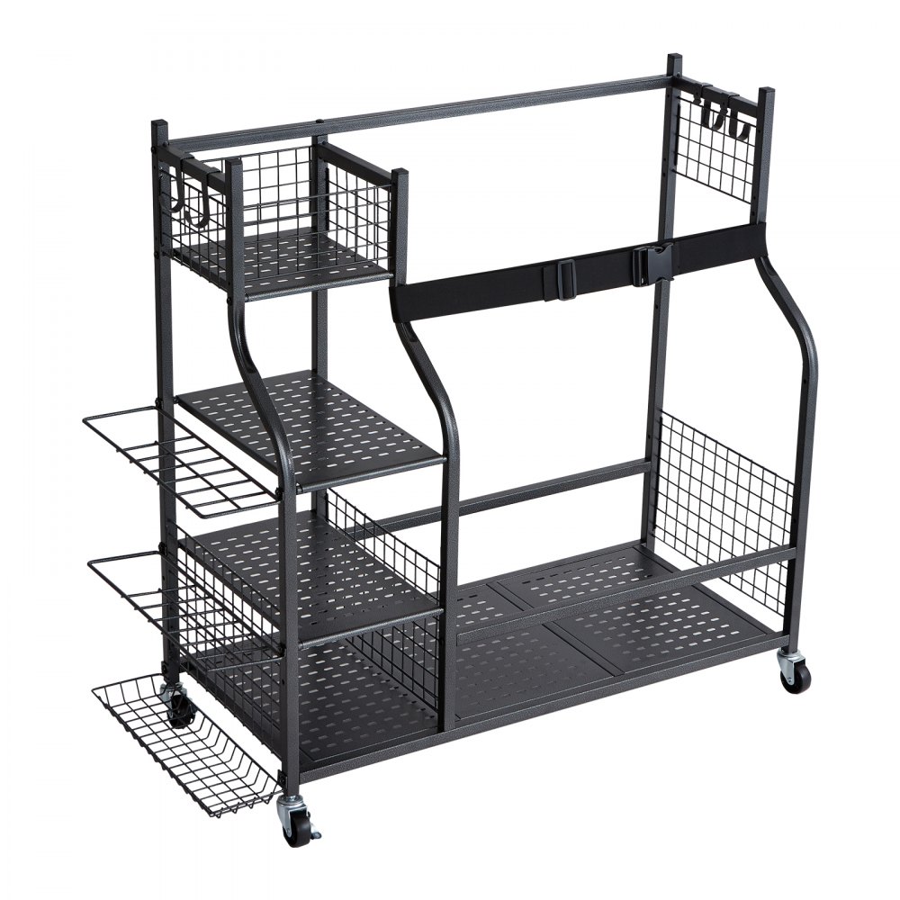 VEVOR Golf Bag Storage, Fits 2 Golf Bags, Garage Organizer with 1 Wire Basket & 3 Side Shelves, Black Golf Bag Stand for Golf Clubs, Golf Balls, Golf Equipment Accessories, etc.