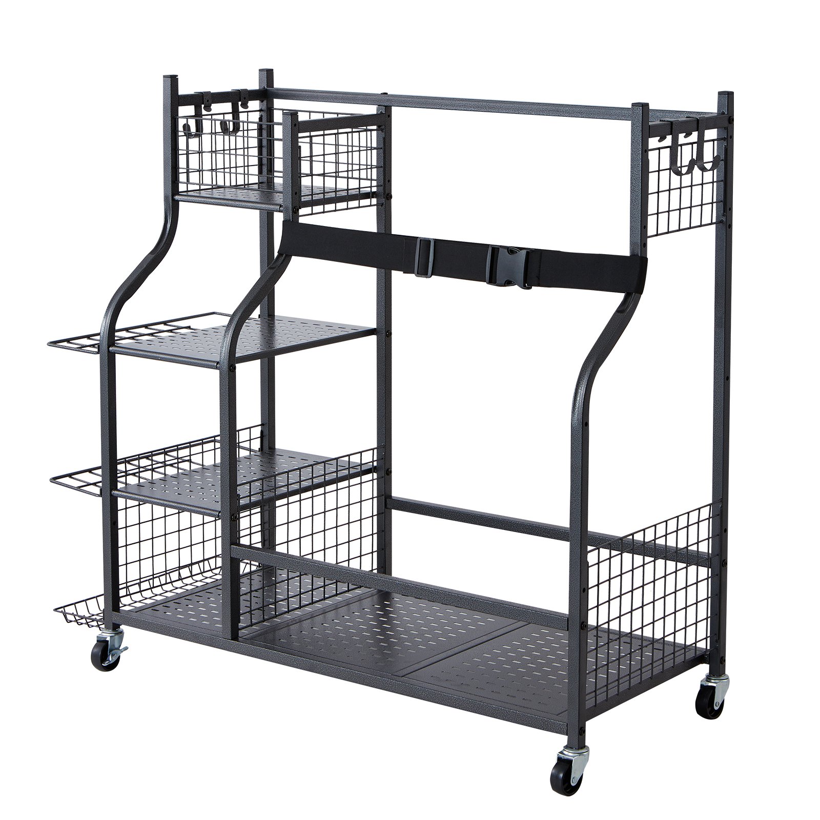 VEVOR Golf Bag Storage, Fits 2 Golf Bags, Garage Organizer with 1 Wire Basket & 3 Side Shelves, Black Golf Bag Stand for Golf Clubs, Golf Balls, Golf Equipment Accessories, etc.