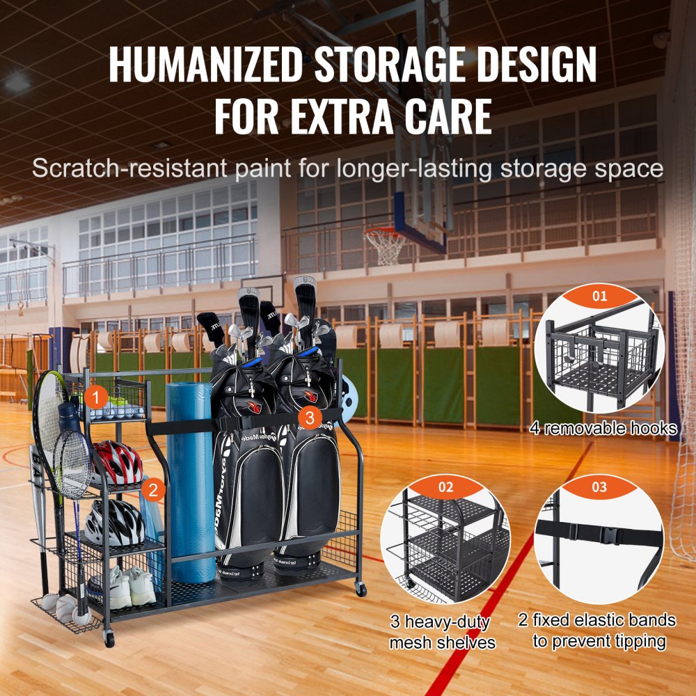 VEVOR Golf Bag Storage Rack, Fits 3 Golf Bags & Other Sports Equipment, Garage Organizer, Outdoor Sports Equipment and Toy Storage Rack with Baskets & Hooks, Steel, Black