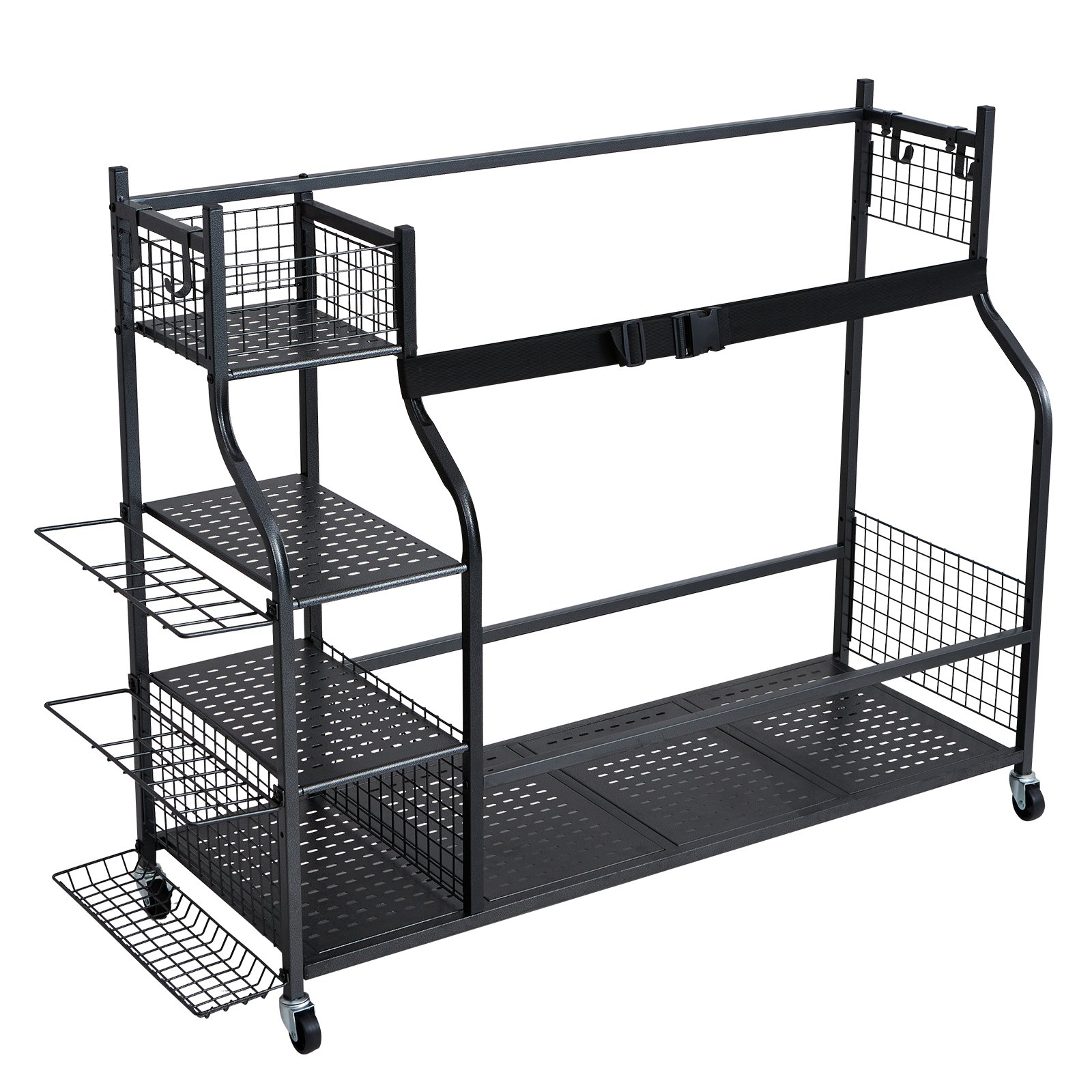 VEVOR Golf Bag Storage Rack, Fits 3 Golf Bags & Other Sports Equipment, Garage Organizer, Outdoor Sports Equipment and Toy Storage Rack with Baskets & Hooks, Steel, Black