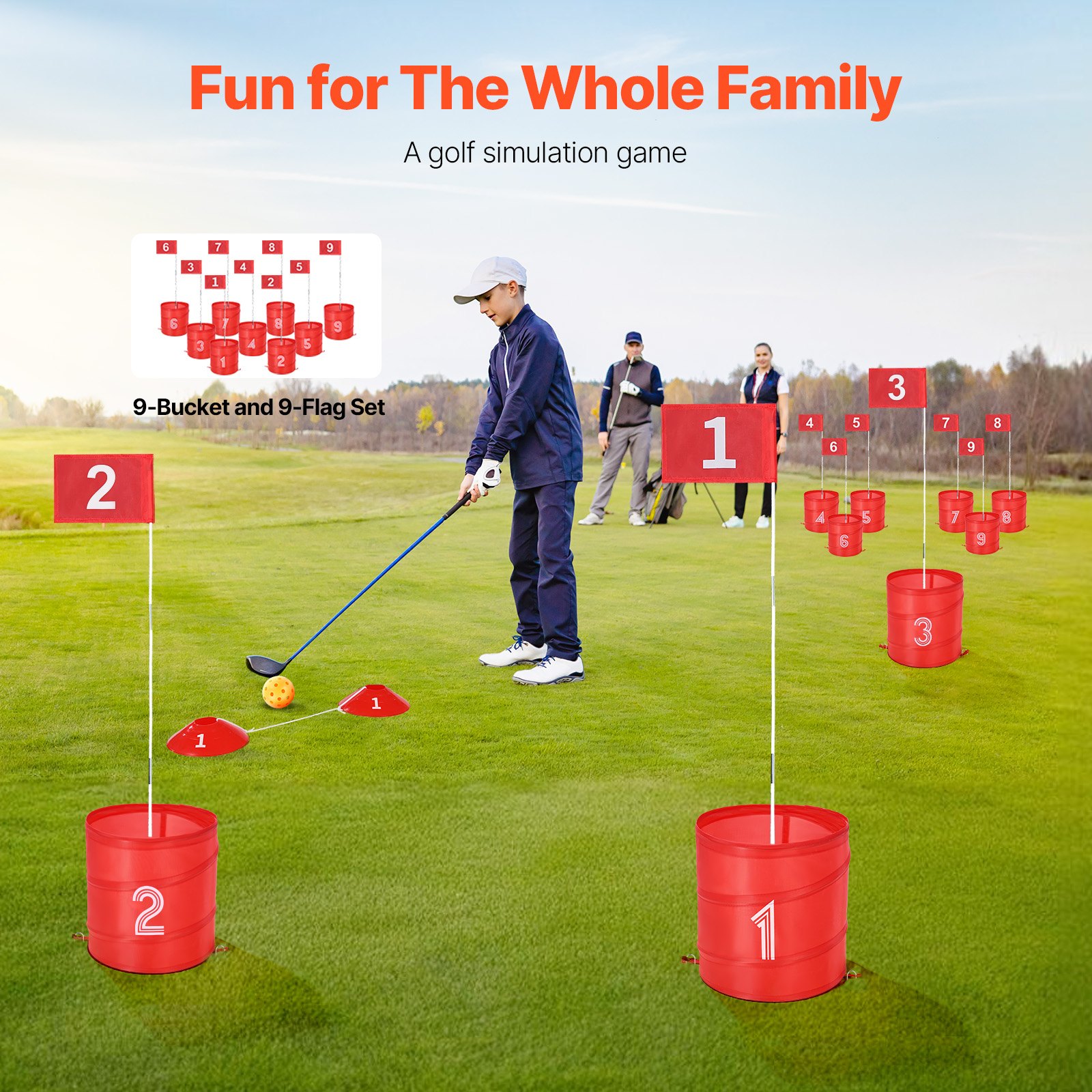 VEVOR Golf Game for Garden, 9-Hole Golf Course, Practice Golf in a Bucket, Golf Chipping Game for Family, Adults & Children, Portable Outdoor Golf Game for Lawn, Yard, Camping, Park, Beach