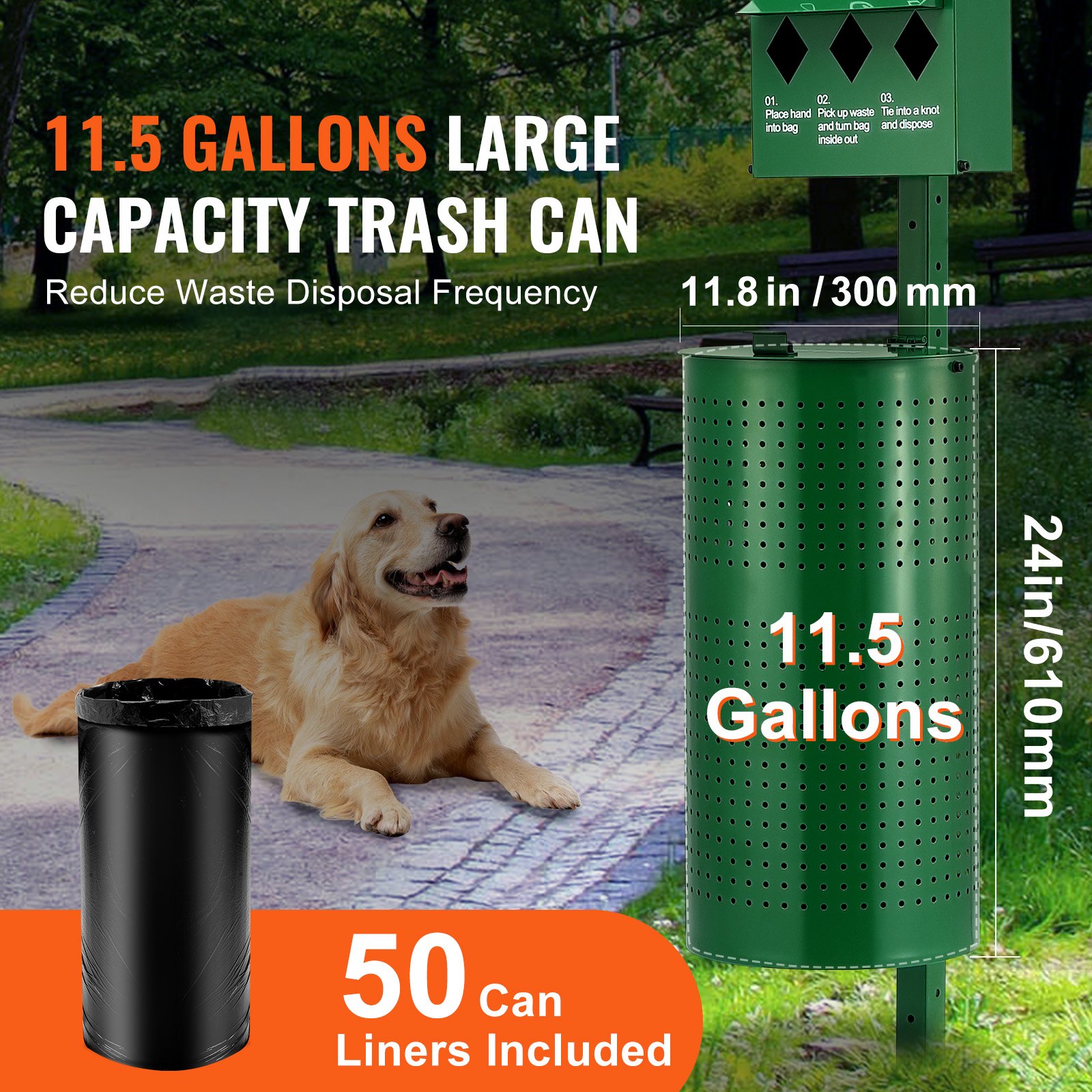 VEVOR Dog Waste Station, Dog Waste Bin, 43L Pet Waste Bin with 50 Bags, Bag Dispenser and 600 Bags, Outdoor Dog Waste Disposal System for the Backyard