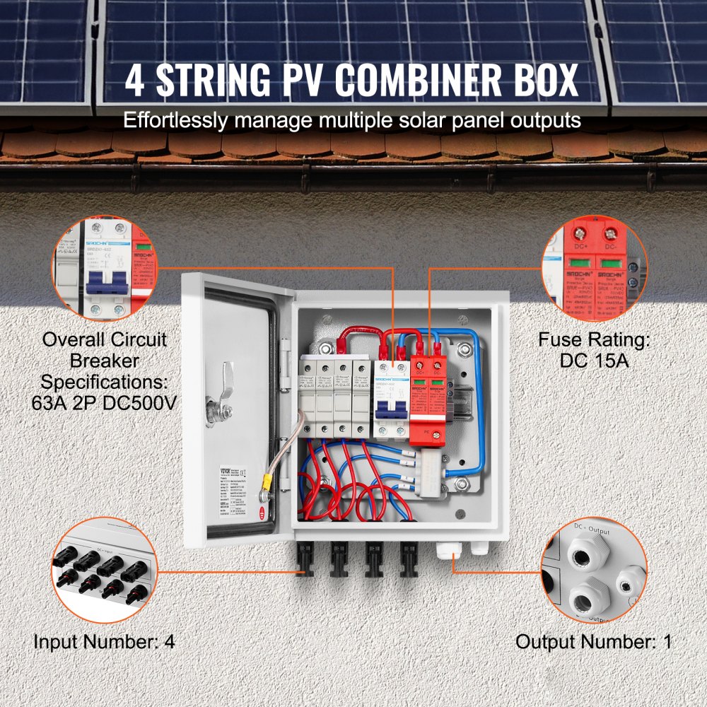 VEVOR Caja Combinadora Fotovoltaica, 4 Cuerdas, Caja Combinadora Solar con Fusible de Corriente Nominal de 15 A Conector Solar, Caja de Acero para Sistema de Panel Solar de Red de Encendido, Apagado