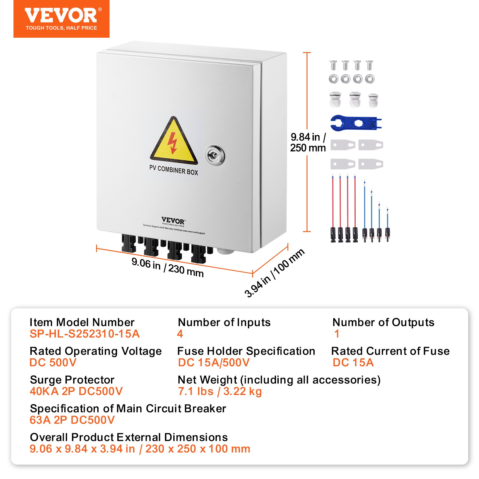 VEVOR Caja Combinadora Fotovoltaica, 4 Cuerdas, Caja Combinadora Solar con Fusible de Corriente Nominal de 15 A Conector Solar, Caja de Acero para Sistema de Panel Solar de Red de Encendido, Apagado