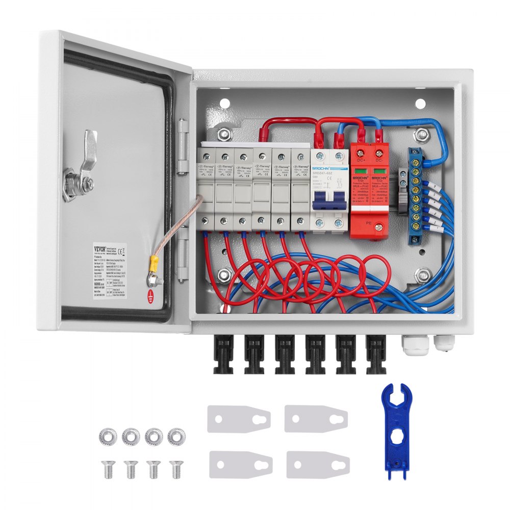 Interior de la caja combinadora solar VEVOR con cableado rojo y azul, disyuntores y hardware de montaje.