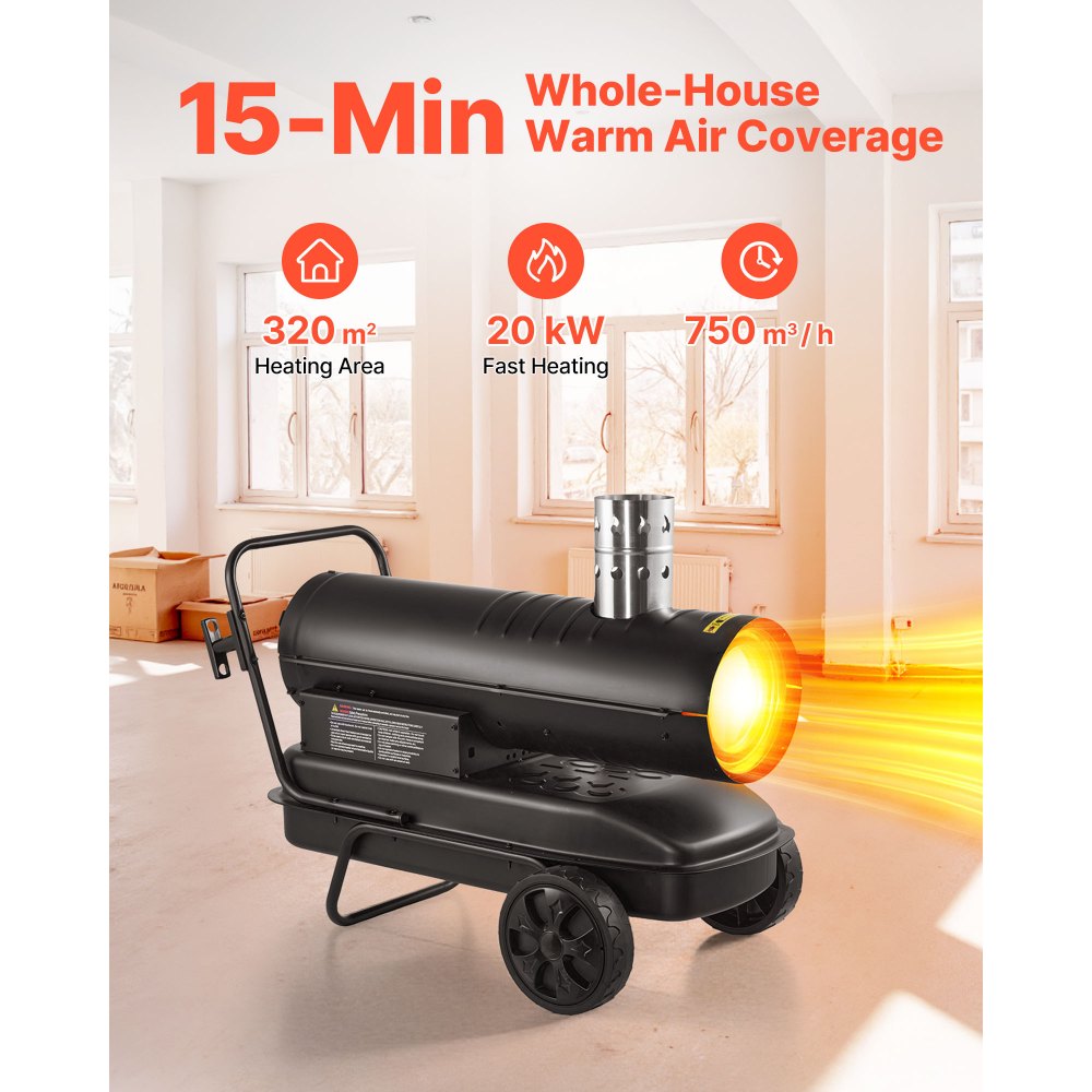VEVOR Calentador de Aire Forzado de Queroseno Diésel 20 kW, Portátil con Ruedas, con Temperatura Ajustable y Ventilador, a Obras, Garajes, Almacenes, Talleres, Construcción y Exteriores, Negro