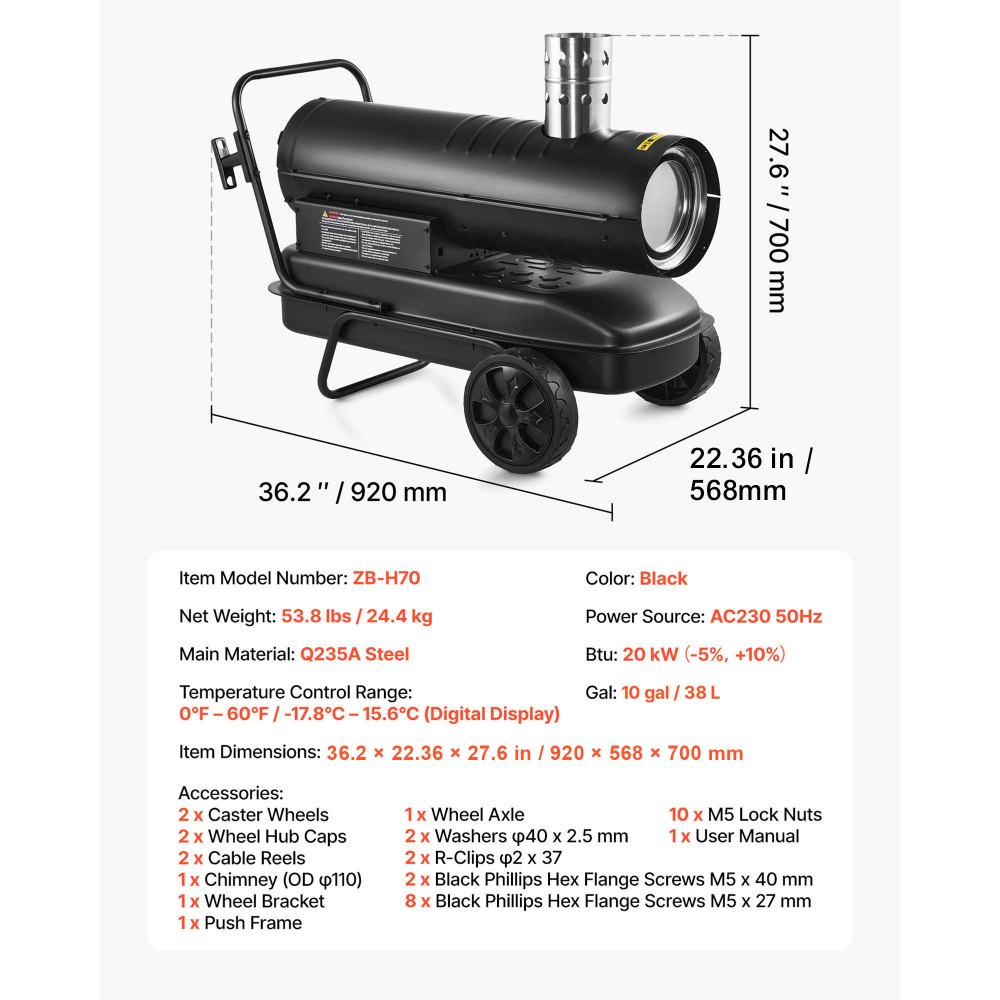VEVOR Calentador de Aire Forzado de Queroseno Diésel 20 kW, Portátil con Ruedas, con Temperatura Ajustable y Ventilador, a Obras, Garajes, Almacenes, Talleres, Construcción y Exteriores, Negro