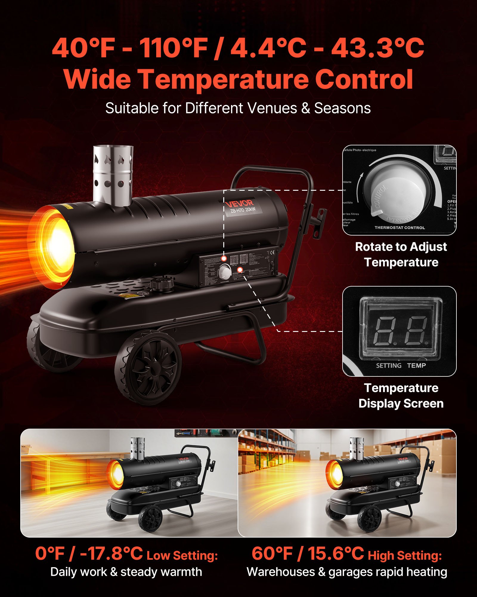 VEVOR Calentador de Aire Forzado de Queroseno Diésel 20 kW, Portátil con Ruedas, con Temperatura Ajustable y Ventilador, a Obras, Garajes, Almacenes, Talleres, Construcción y Exteriores, Negro