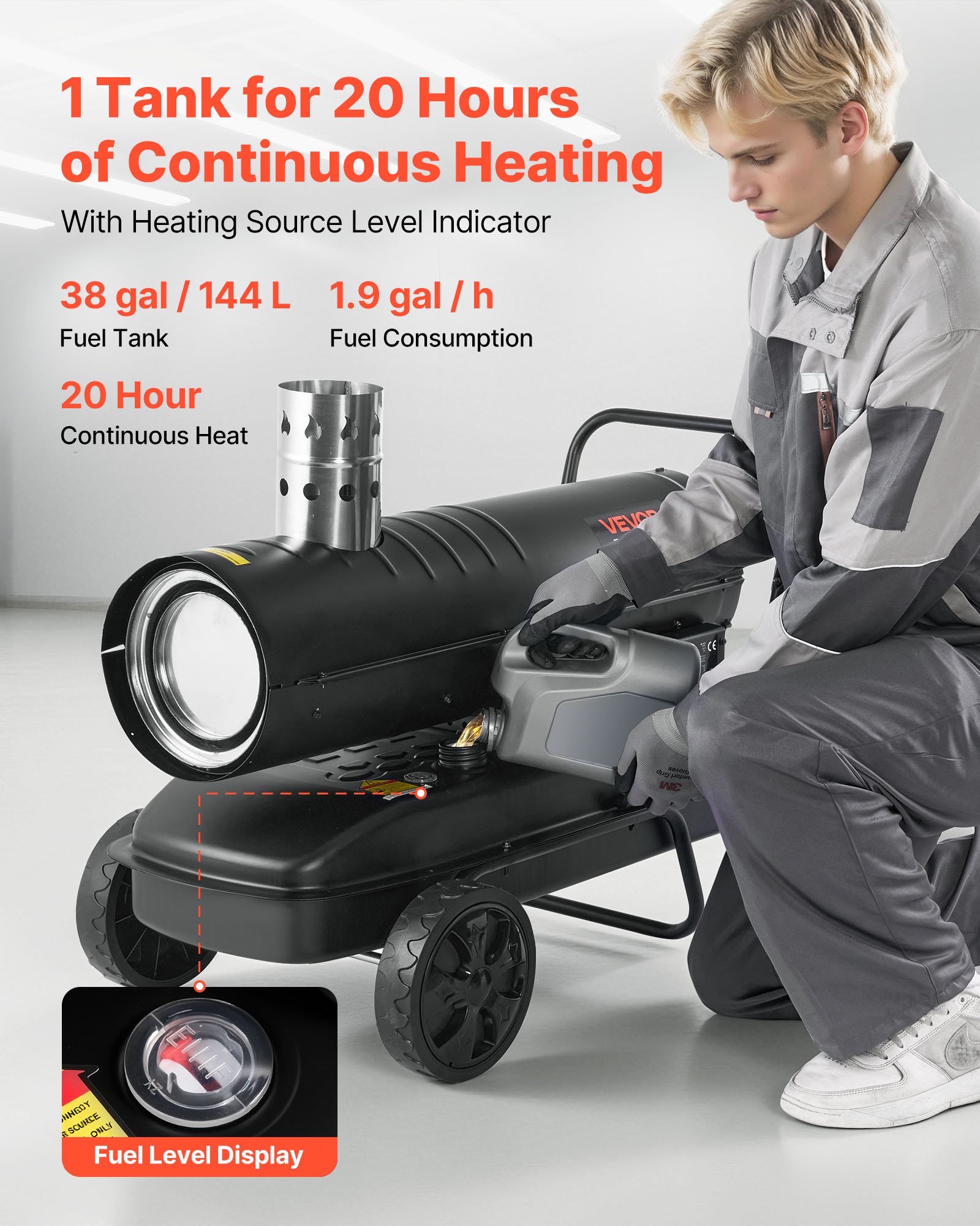 VEVOR Calentador de Aire Forzado de Queroseno Diésel 20 kW, Portátil con Ruedas, con Temperatura Ajustable y Ventilador, a Obras, Garajes, Almacenes, Talleres, Construcción y Exteriores, Negro