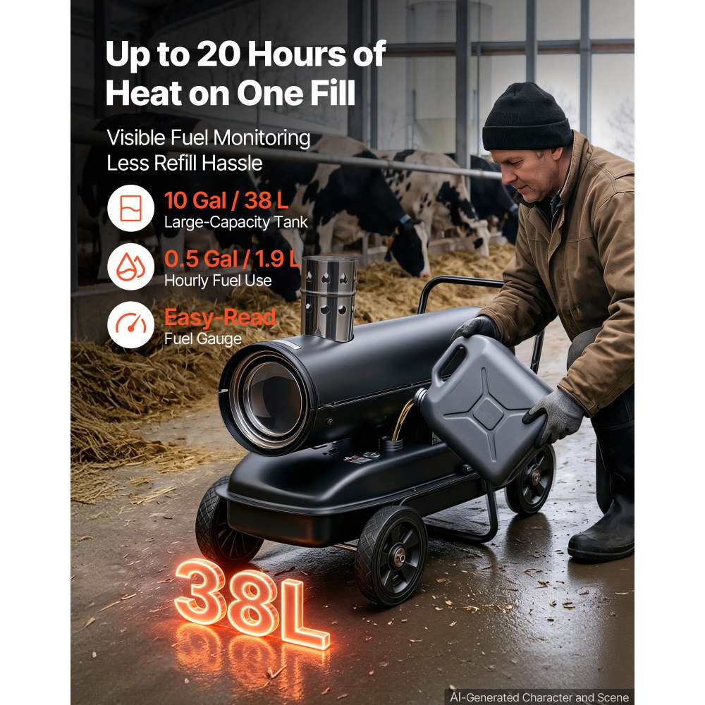 VEVOR Calefactor de Queroseno 20 kW 1100 m³/h Calentador de Aire Forzado, con Depósito de 38 L, Hasta 20 h de Uso, Termostato, Pantalla Digital, Manómetro y Ruedas para Garajes, Talleres y Almacenes