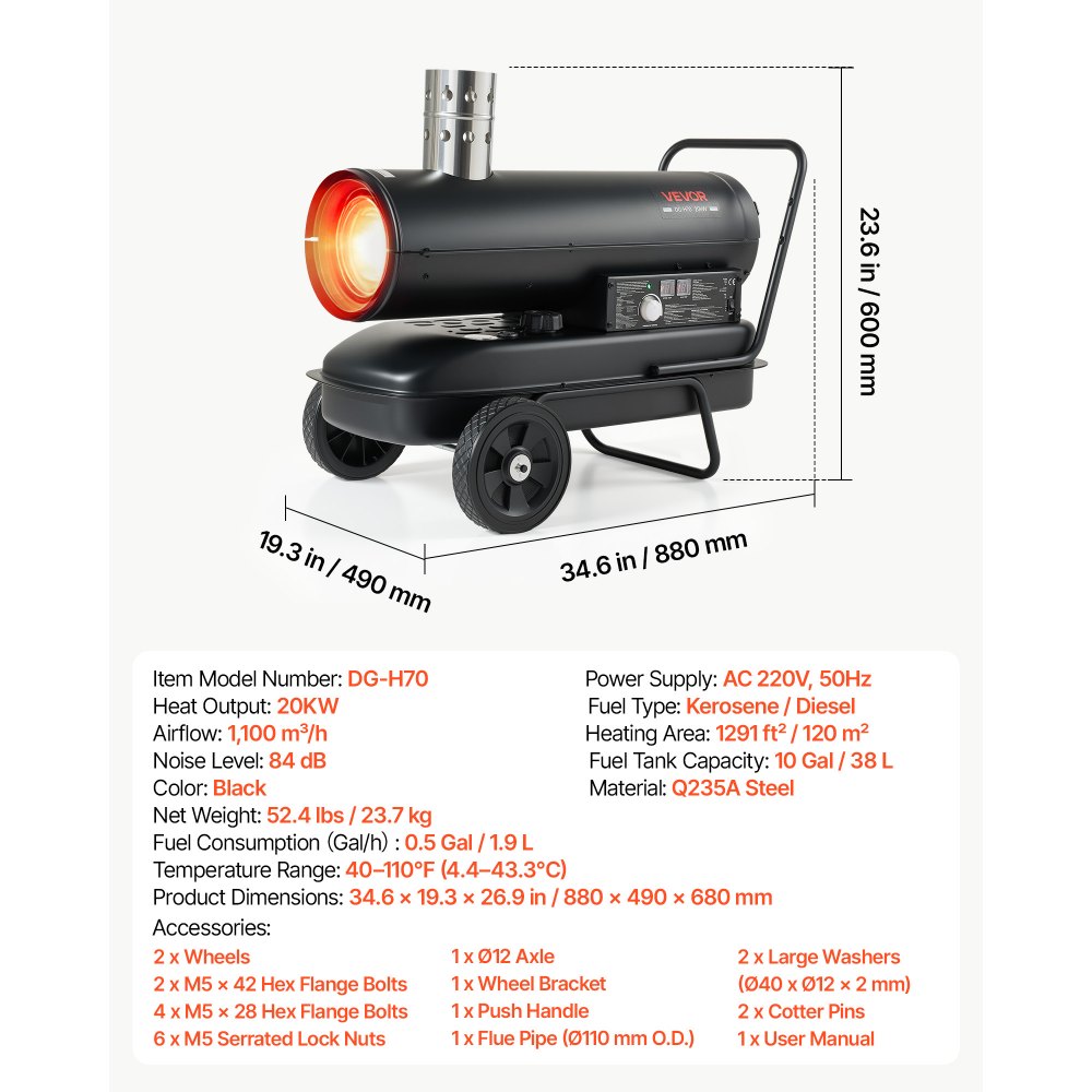 VEVOR Calefactor de Queroseno 20 kW 1100 m³/h Calentador de Aire Forzado, con Depósito de 38 L, Hasta 20 h de Uso, Termostato, Pantalla Digital, Manómetro y Ruedas para Garajes, Talleres y Almacenes