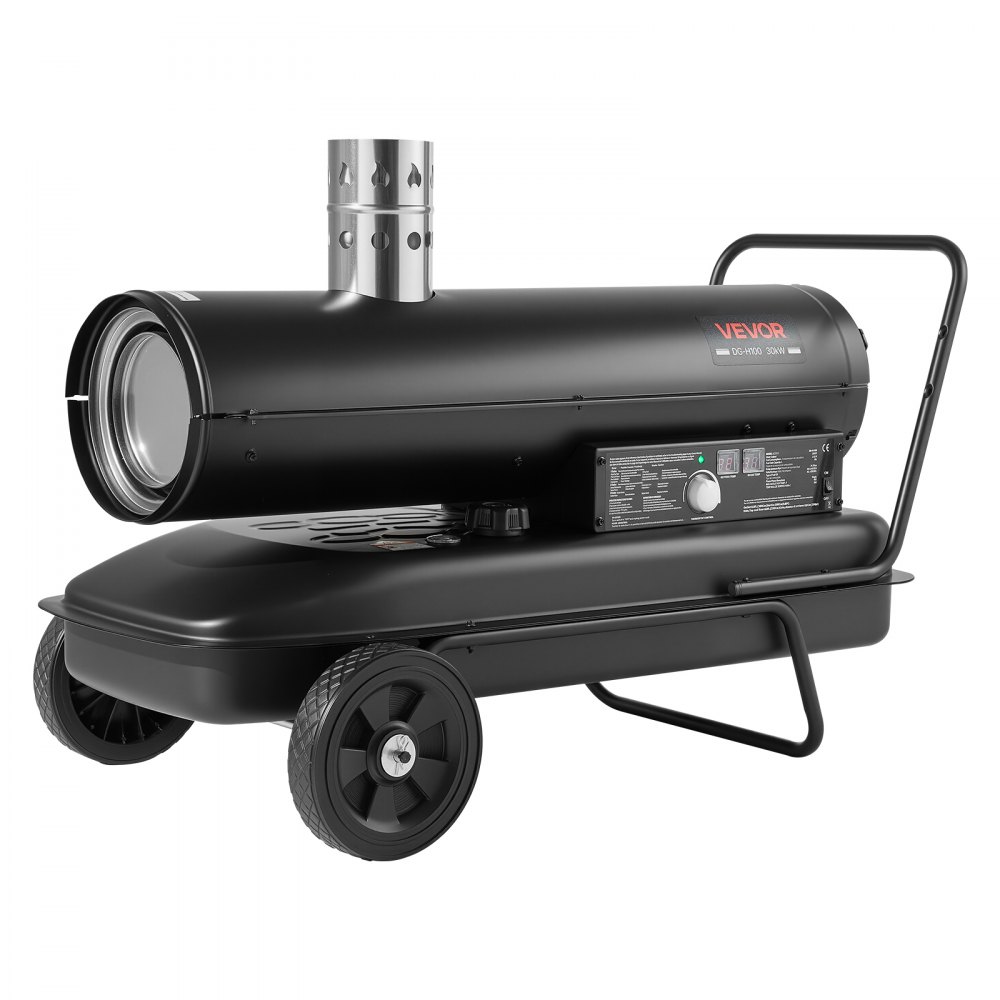 VEVOR Calefactor de Queroseno 30 kW 1100 m³/h Calentador de Aire Forzado, con Depósito de 50 L, Hasta 17 h de Uso, Termostato, Pantalla Digital, Manómetro y Ruedas para Garajes, Talleres y Almacenes