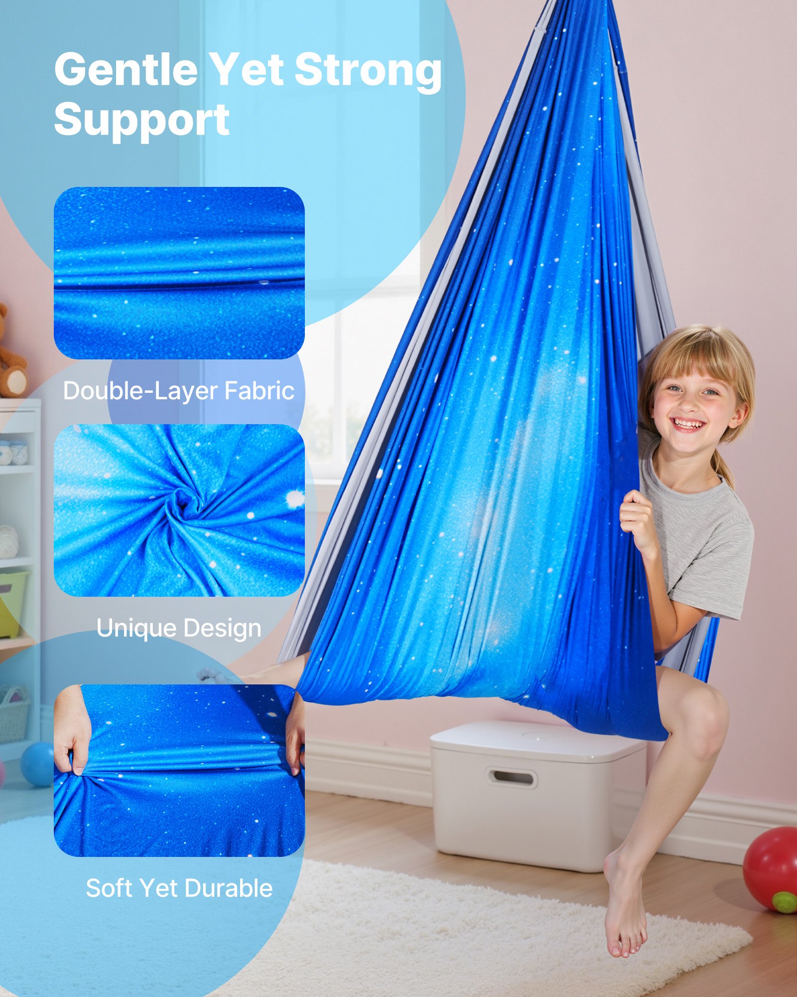 VEVOR Conjunto de Hamaca de Yoga Aérea, Fabricado con Tejido de Doble Capa, con Suspensión Giratoria de 360°, Arnés en Forma de O y Capacidad de Carga Máxima de 136,07 kg, Azul, 1500 x 1500 mm