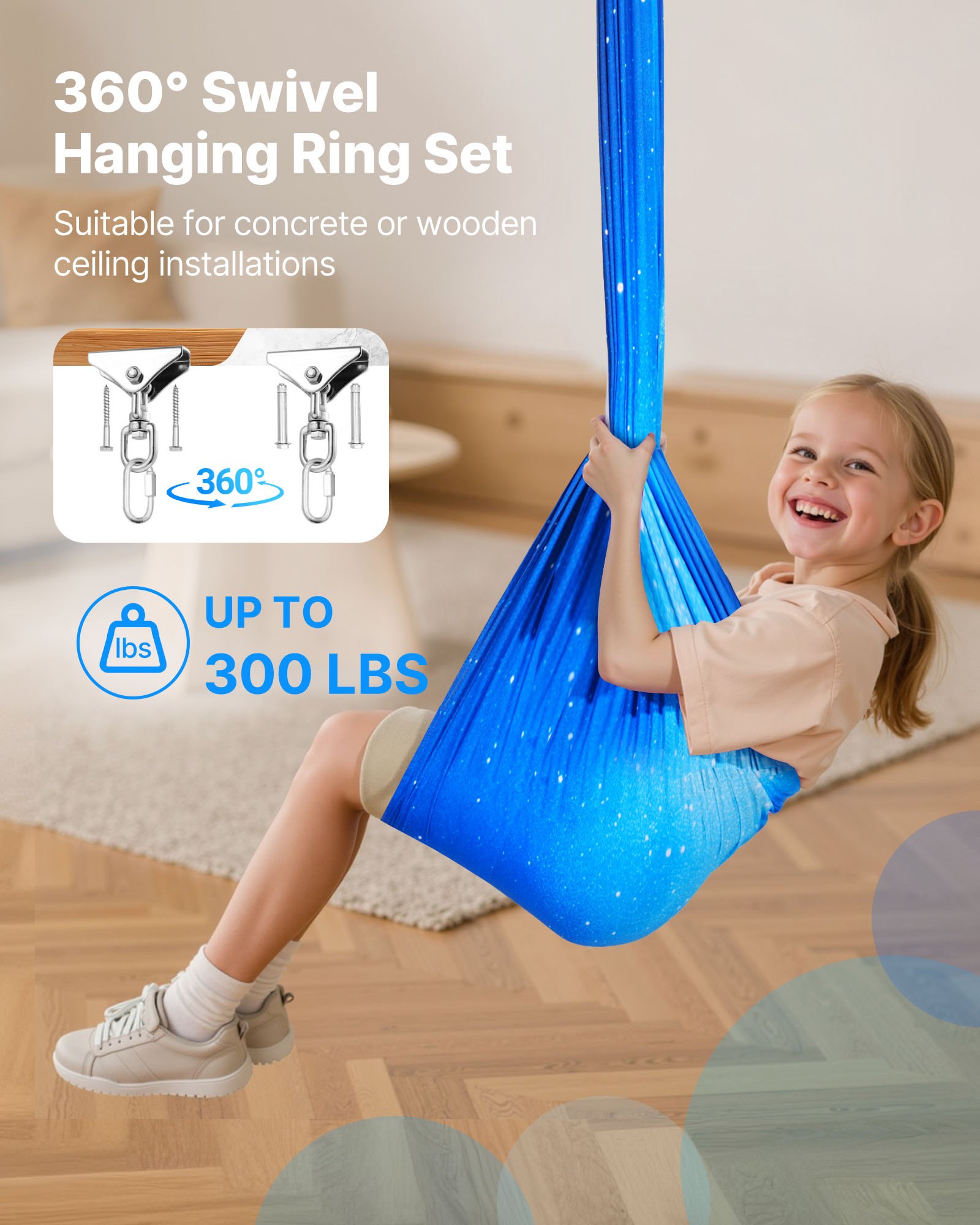 VEVOR Conjunto de Hamaca de Yoga Aérea, Fabricado con Tejido de Doble Capa, con Suspensión Giratoria de 360°, Arnés en Forma de O y Capacidad de Carga Máxima de 136,07 kg, Azul, 1500 x 1500 mm