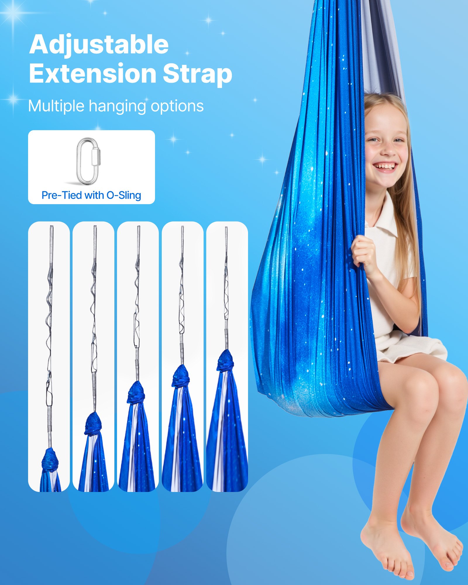 VEVOR Conjunto de Hamaca de Yoga Aérea, Fabricado con Tejido de Doble Capa, con Suspensión Giratoria de 360°, Arnés en Forma de O y Capacidad de Carga Máxima de 136,07 kg, Azul, 1500 x 1500 mm