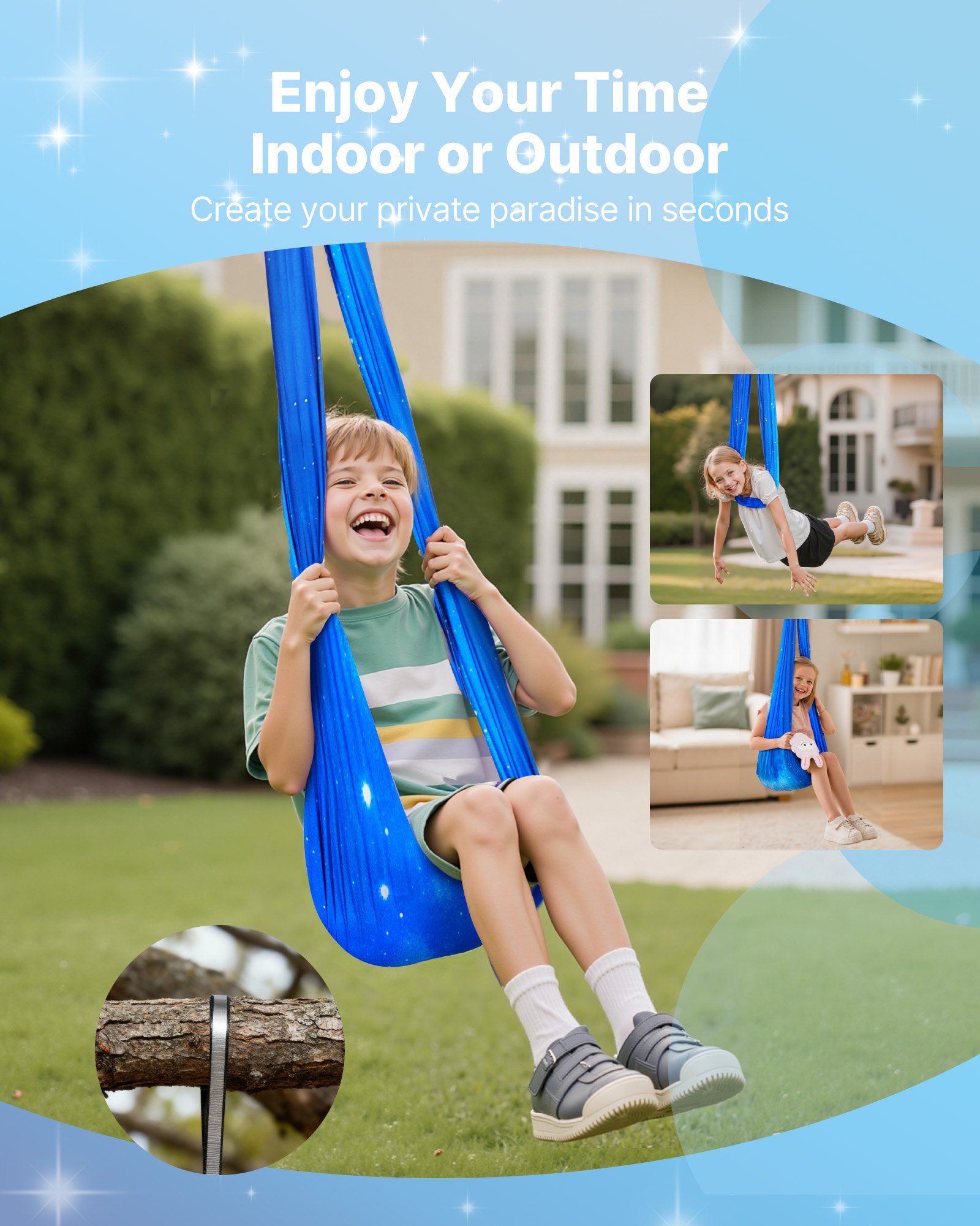 VEVOR Conjunto de Hamaca de Yoga Aérea, Fabricado con Tejido de Doble Capa, con Suspensión Giratoria de 360°, Arnés en Forma de O y Capacidad de Carga Máxima de 136,07 kg, Azul, 1500 x 1500 mm