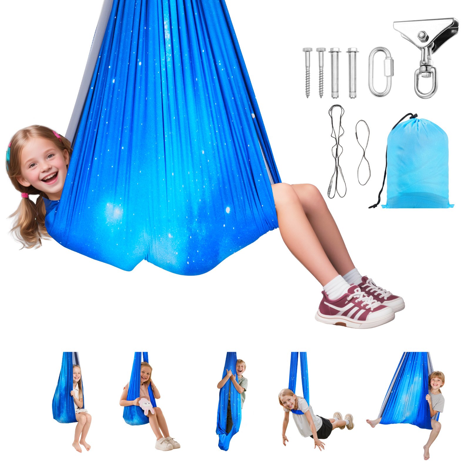 VEVOR Conjunto de Hamaca de Yoga Aérea, Fabricado con Tejido de Doble Capa, con Suspensión Giratoria de 360°, Arnés en Forma de O y Capacidad de Carga Máxima de 136,07 kg, Azul, 1500 x 1500 mm