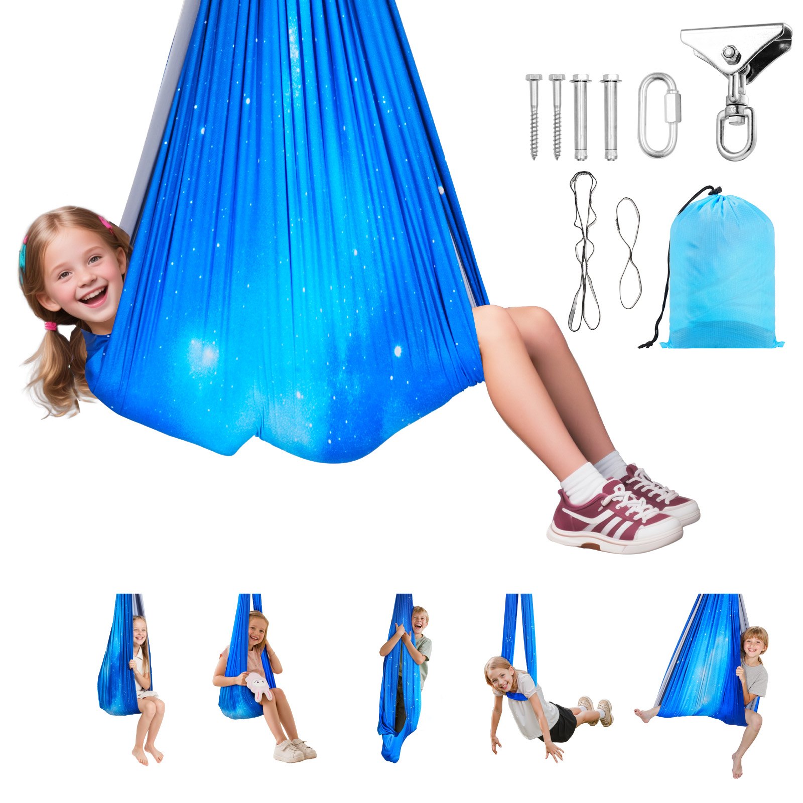VEVOR Conjunto de Hamaca de Yoga Aérea, Fabricado con Tejido de Doble Capa, con Suspensión Giratoria de 360°, Arnés en Forma de O y Capacidad de Carga Máxima de 136,07 kg, Azul, 1500 x 1500 mm