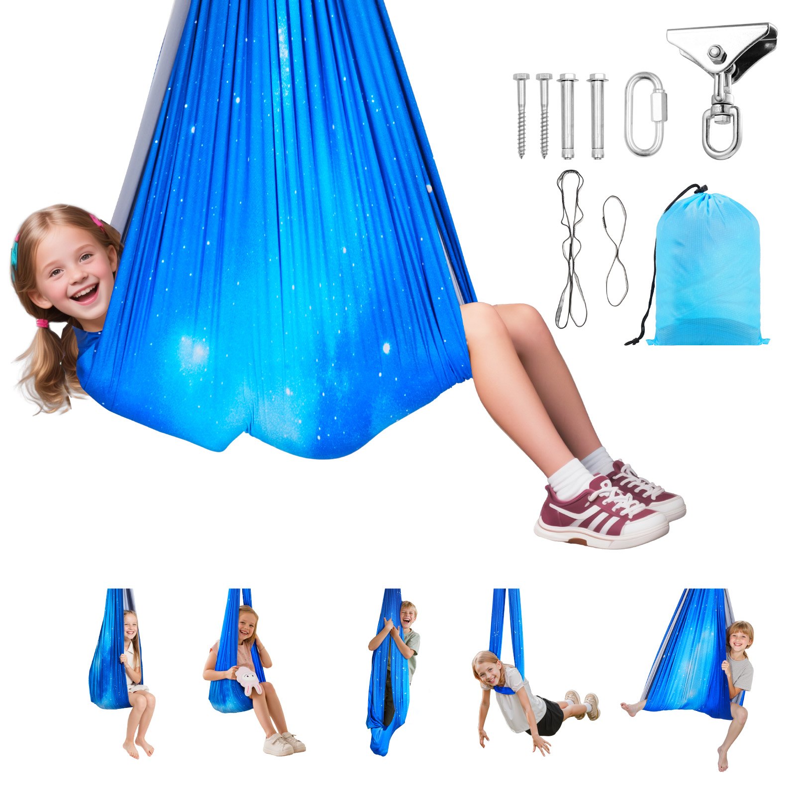 VEVOR Conjunto de Hamaca de Yoga Aérea, Fabricado con Tejido de Doble Capa, con Suspensión Giratoria de 360°, Arnés en Forma de O y Capacidad de Carga Máxima de 136,07 kg, Azul, 1500 x 1500 mm