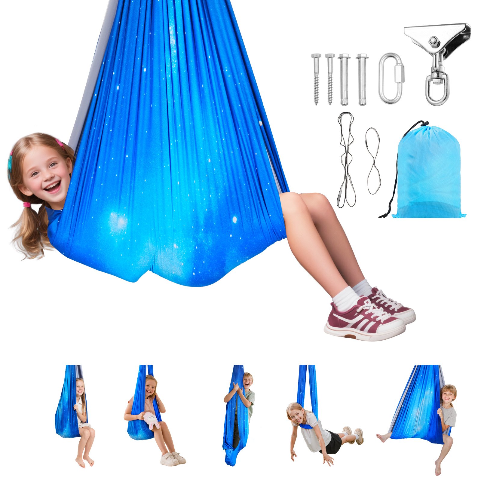 VEVOR Conjunto de Hamaca de Yoga Aérea, Fabricado con Tejido de Doble Capa, con Suspensión Giratoria de 360°, Arnés en Forma de O y Capacidad de Carga Máxima de 136,07 kg, Azul, 1500 x 1500 mm