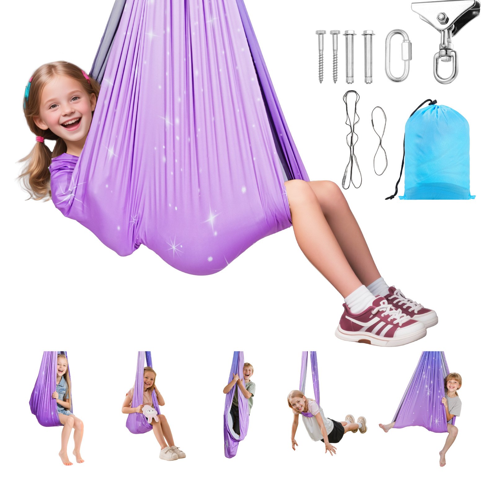 VEVOR Sensory Swing, Double-Layer Fabric Sensorys Hammock, Indoor & Outdoor Sensory Swing with 360° Swivel Hanger, O-Sling, Holds up to 136.07 kg, Adjustable Aerial Yoga, Ceiling Swings for Kids