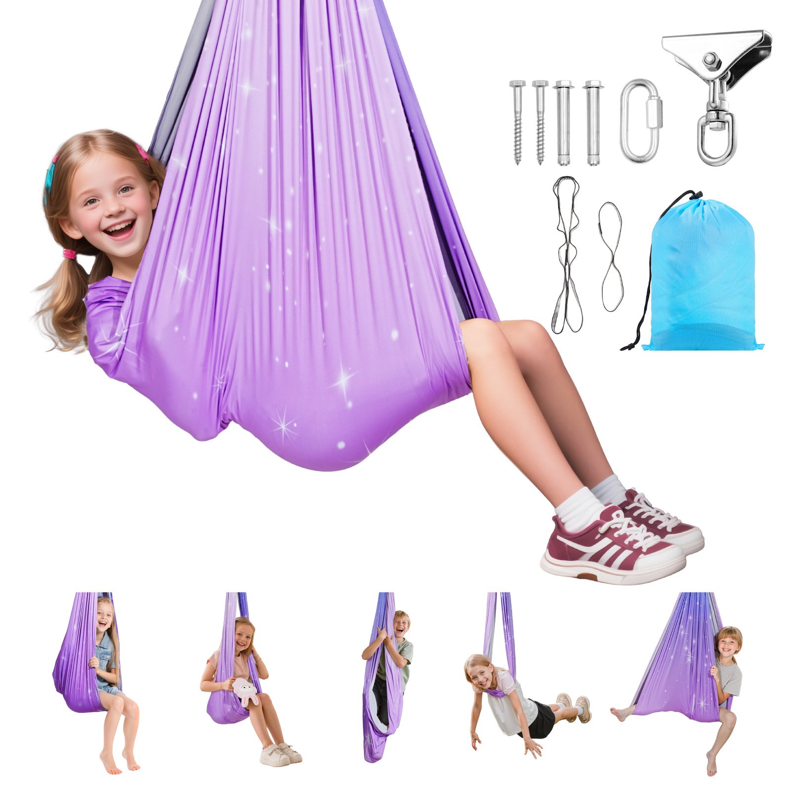 VEVOR Conjunto de Hamaca de Yoga Aérea, Fabricado con Tejido de Doble Capa, con Suspensión Giratoria de 360° y Arnés en Forma de O, con Una Capacidad de Carga Máxima de 136,07 kg, Rosa y Azul