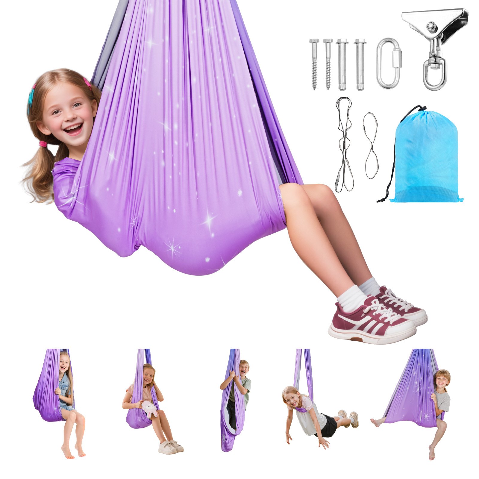 VEVOR Conjunto de Hamaca de Yoga Aérea, Fabricado con Tejido de Doble Capa, con Suspensión Giratoria de 360° y Arnés en Forma de O, con Una Capacidad de Carga Máxima de 136,07 kg, Rosa y Azul