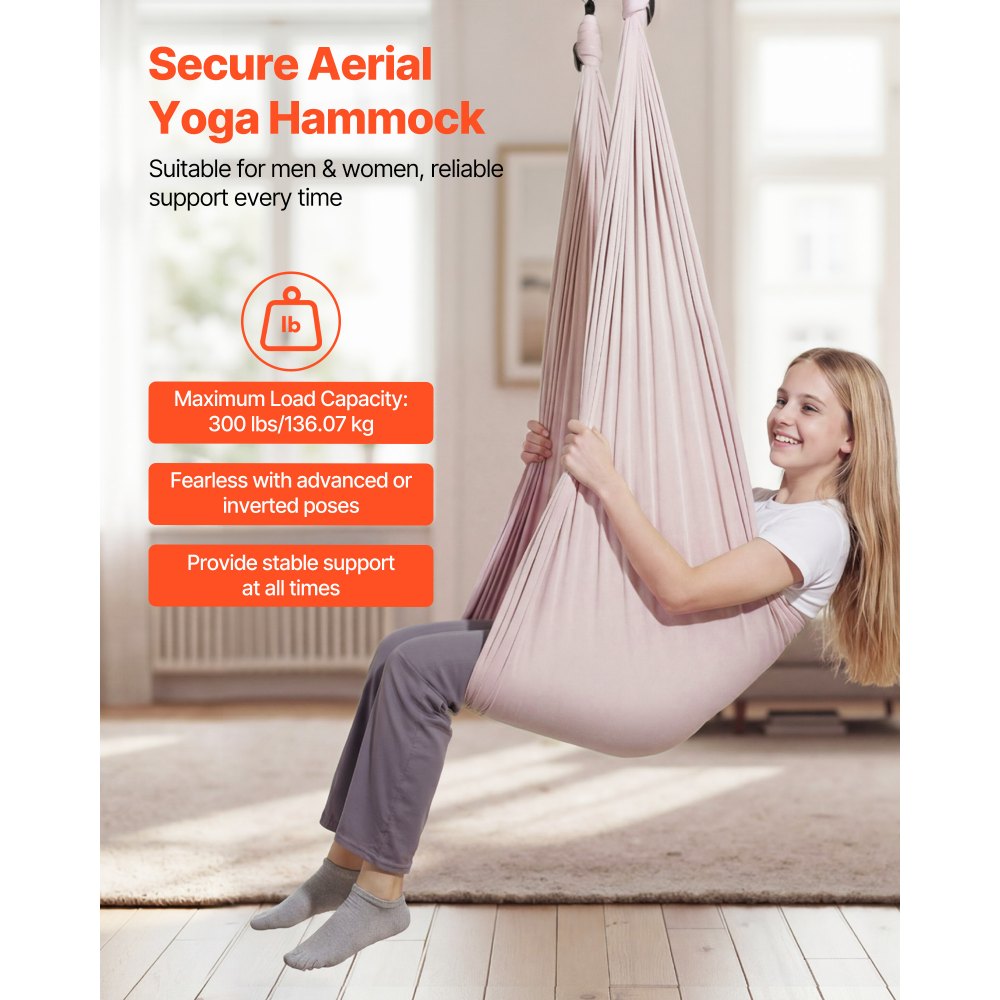 VEVOR Hamaca de Yoga Aérea, Capacidad de Carga 136,07 kg, con Tela de Nailon, Cuerda Tipo Margarita y Bolsa de PE con Cremallera, Doble Función para Ejercicios Antigravedad, Rosa, 2650 x 1490 mm