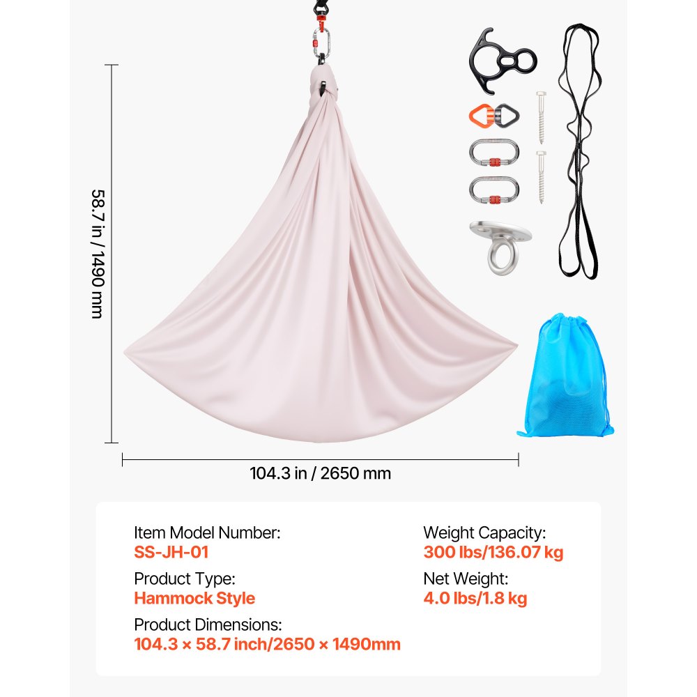 VEVOR Hamaca de Yoga Aérea, Capacidad de Carga 136,07 kg, con Tela de Nailon, Cuerda Tipo Margarita y Bolsa de PE con Cremallera, Doble Función para Ejercicios Antigravedad, Rosa, 2650 x 1490 mm