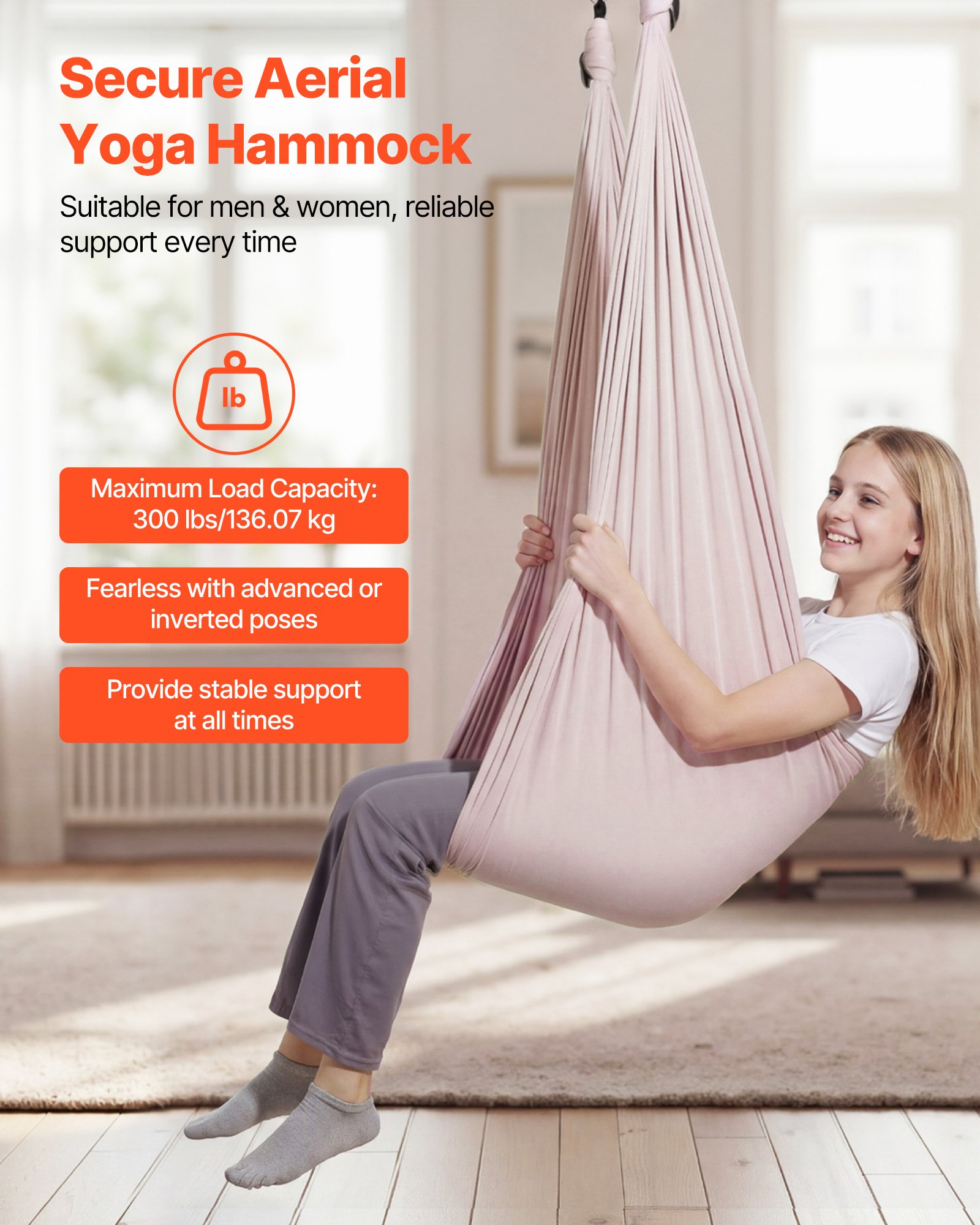 VEVOR Hamaca de Yoga Aérea, Capacidad de Carga 136,07 kg, con Tela de Nailon, Cuerda Tipo Margarita y Bolsa de PE con Cremallera, Doble Función para Ejercicios Antigravedad, Rosa, 2650 x 1490 mm