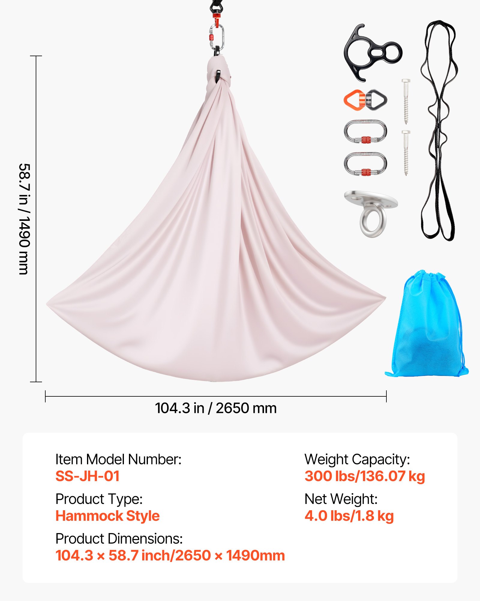 VEVOR Hamaca de Yoga Aérea, Capacidad de Carga 136,07 kg, con Tela de Nailon, Cuerda Tipo Margarita y Bolsa de PE con Cremallera, Doble Función para Ejercicios Antigravedad, Rosa, 2650 x 1490 mm