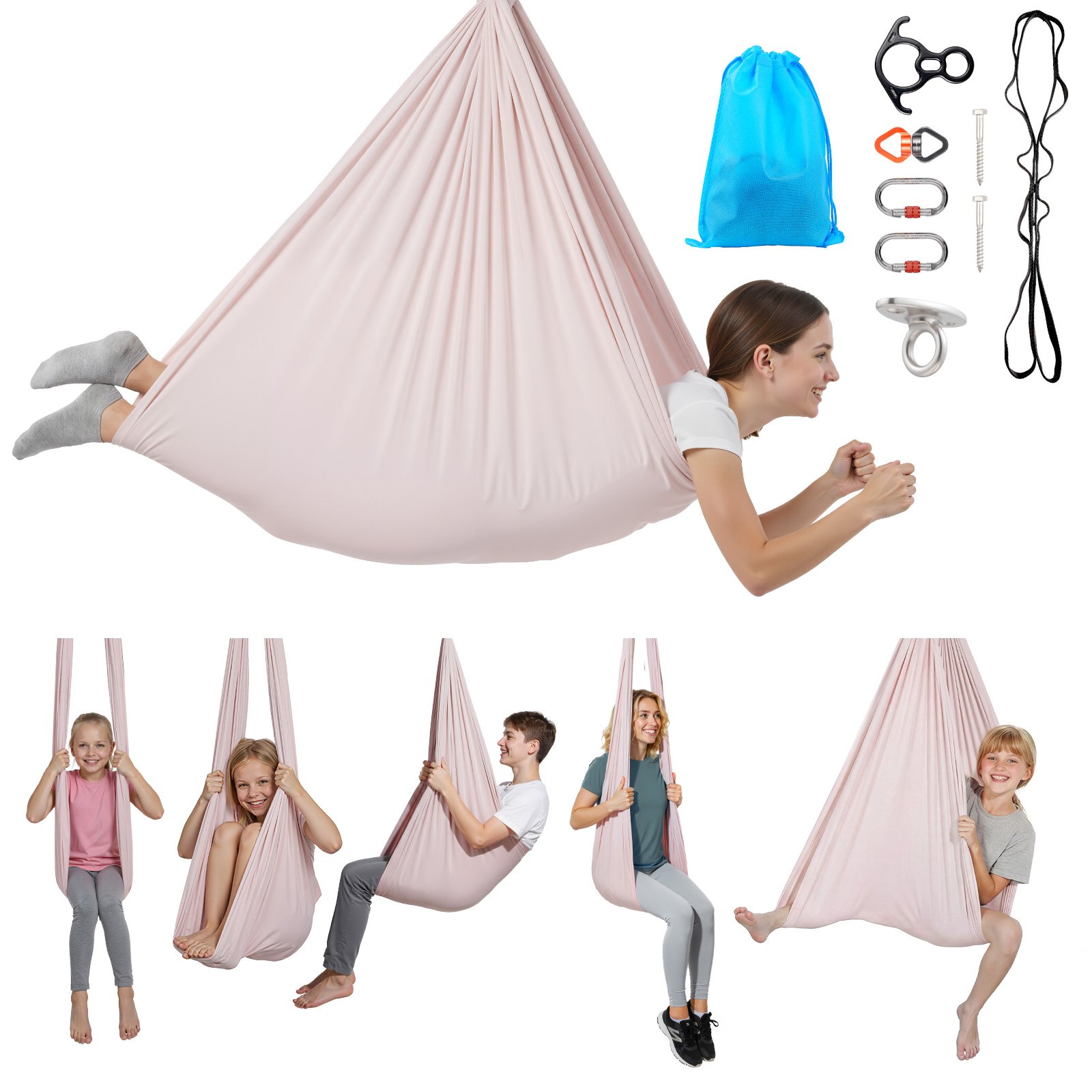 VEVOR Hamaca de Yoga Aérea, Capacidad de Carga 136,07 kg, con Tela de Nailon, Cuerda Tipo Margarita y Bolsa de PE con Cremallera, Doble Función para Ejercicios Antigravedad, Rosa, 2650 x 1490 mm