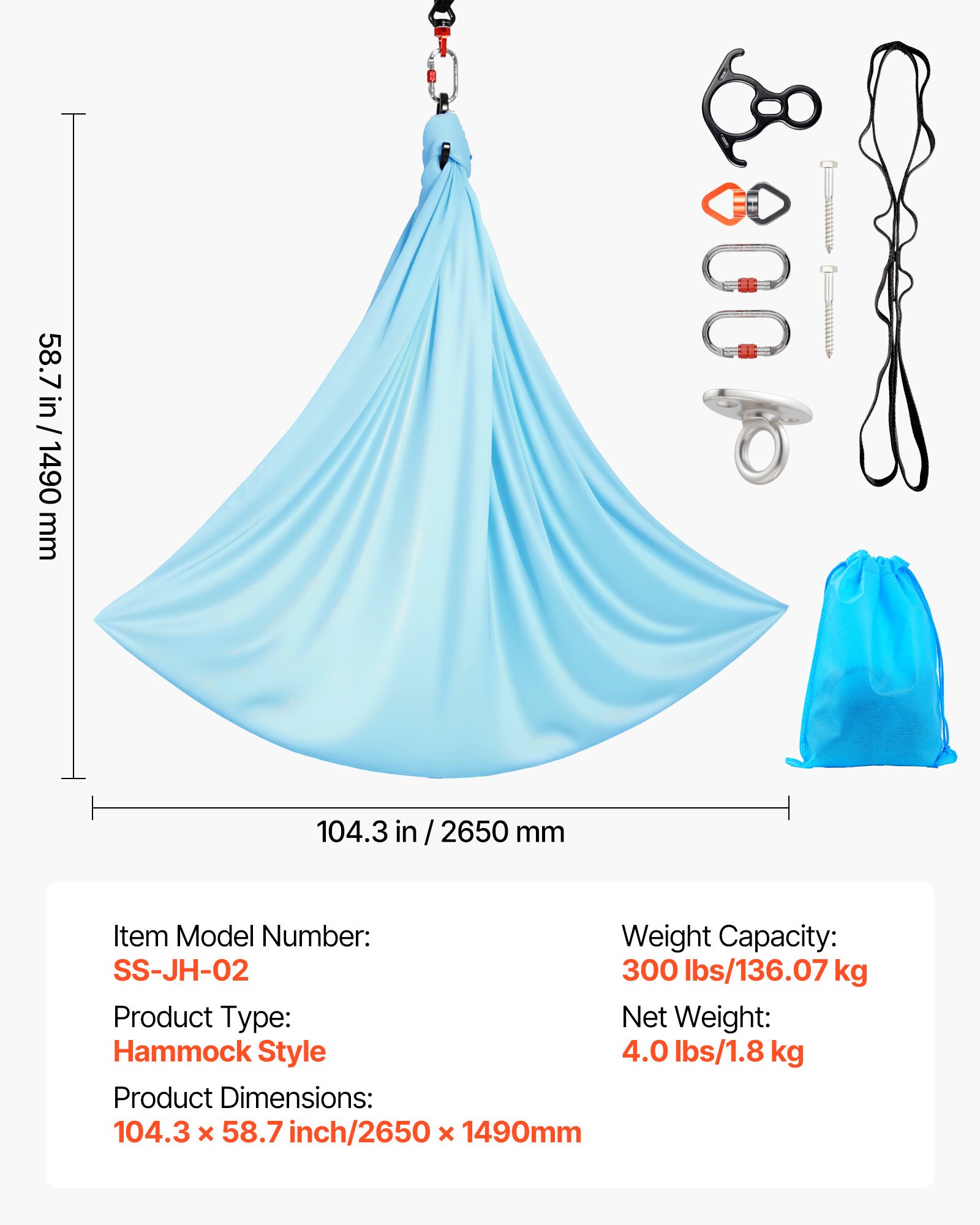 VEVOR Hamaca de Yoga Aérea, Capacidad de Carga 136,07 kg, con Tela de Nailon, Cuerda Tipo Margarita y Bolsa PE con Cremallera, Doble Función para Ejercicios, Antigravedad, Azul, 2650 x 1490 mm