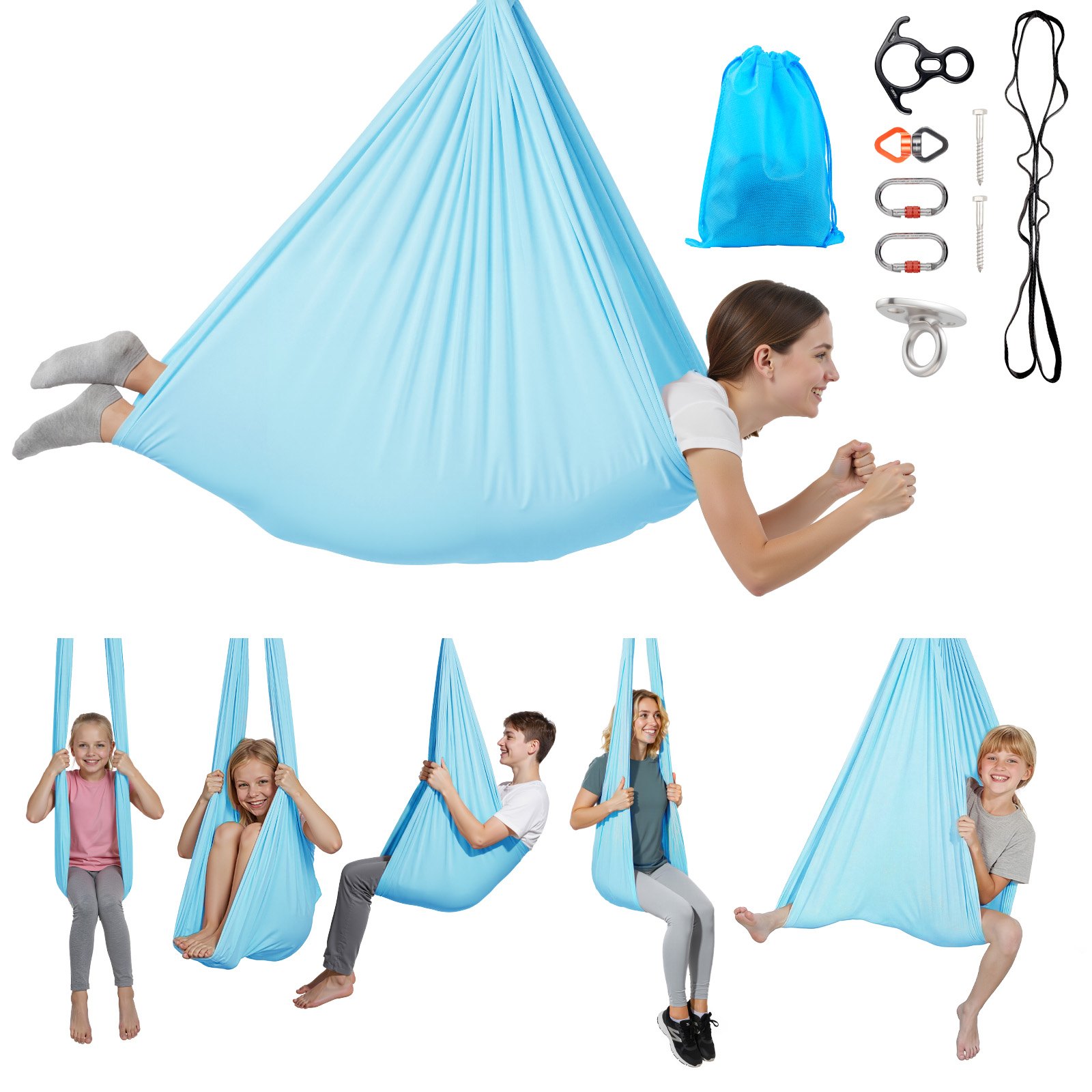 VEVOR Hamaca de Yoga Aérea, Capacidad de Carga 136,07 kg, con Tela de Nailon, Cuerda Tipo Margarita y Bolsa PE con Cremallera, Doble Función para Ejercicios, Antigravedad, Azul, 2650 x 1490 mm