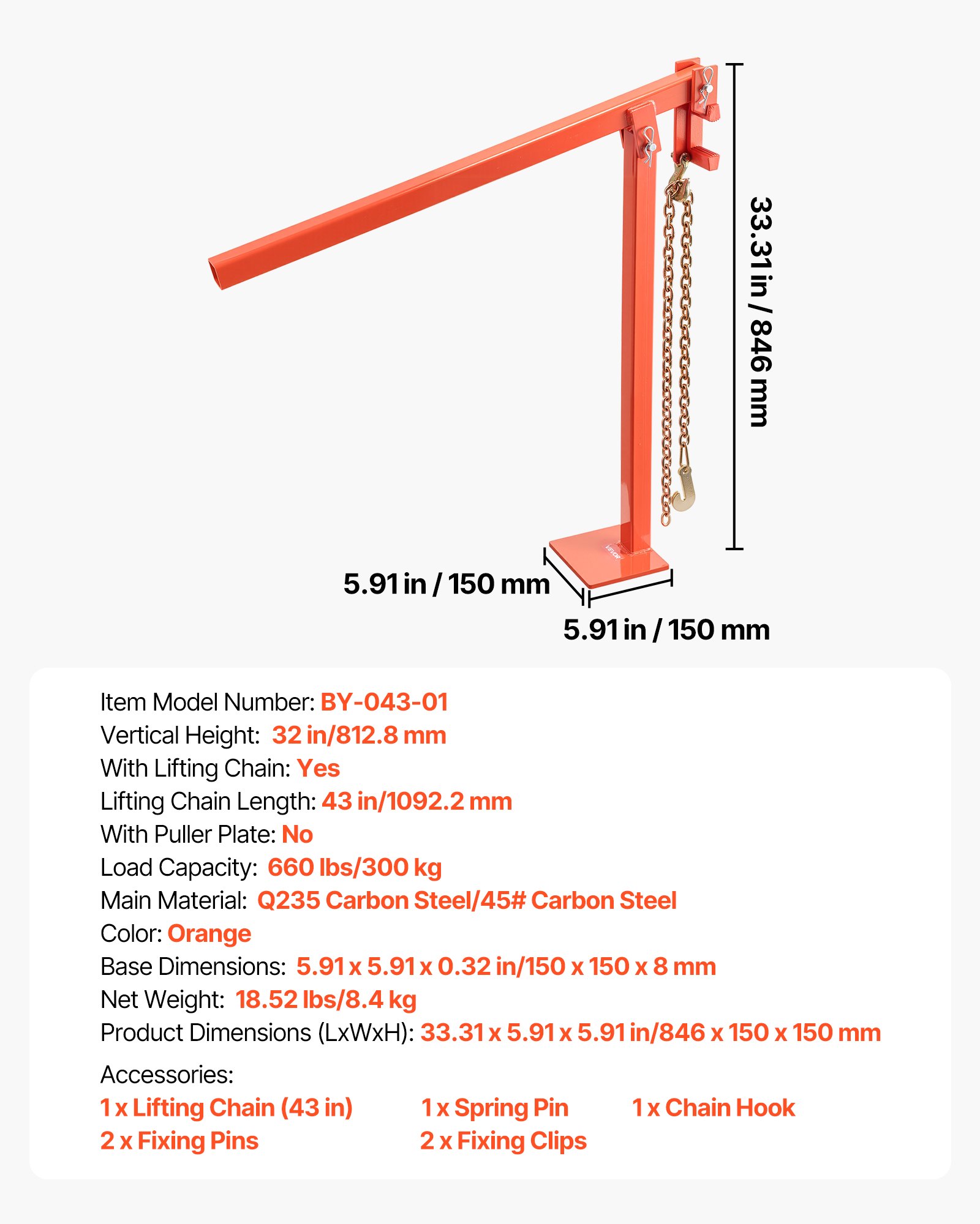 VEVOR Extractor de Postes en T de 812,8 mm, con Cadena de Elevación de 1092,2 mm, Acero Inoxidable, para Extraer Postes en T de Cercas Redondas, y Tocones de Árboles, Carga de 300 kg, Naranja