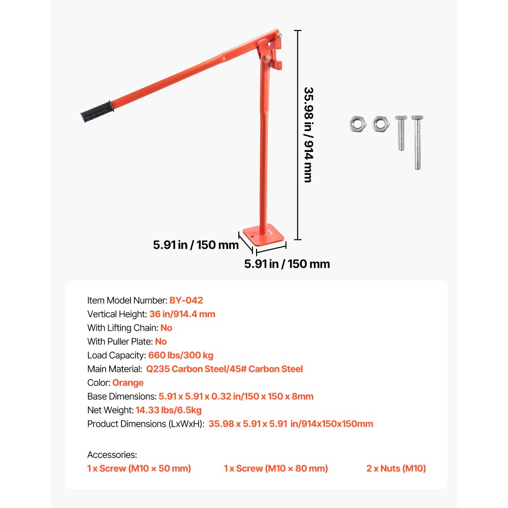 VEVOR Extractor de Postes en T de 914 mm, Carga de 300 kg, para Postes de Valla Redondos, los de Señalización y Tocones de Árboles, Cadena de Elevación no Incluida, 914 x 150 x 150 mm, Naranja