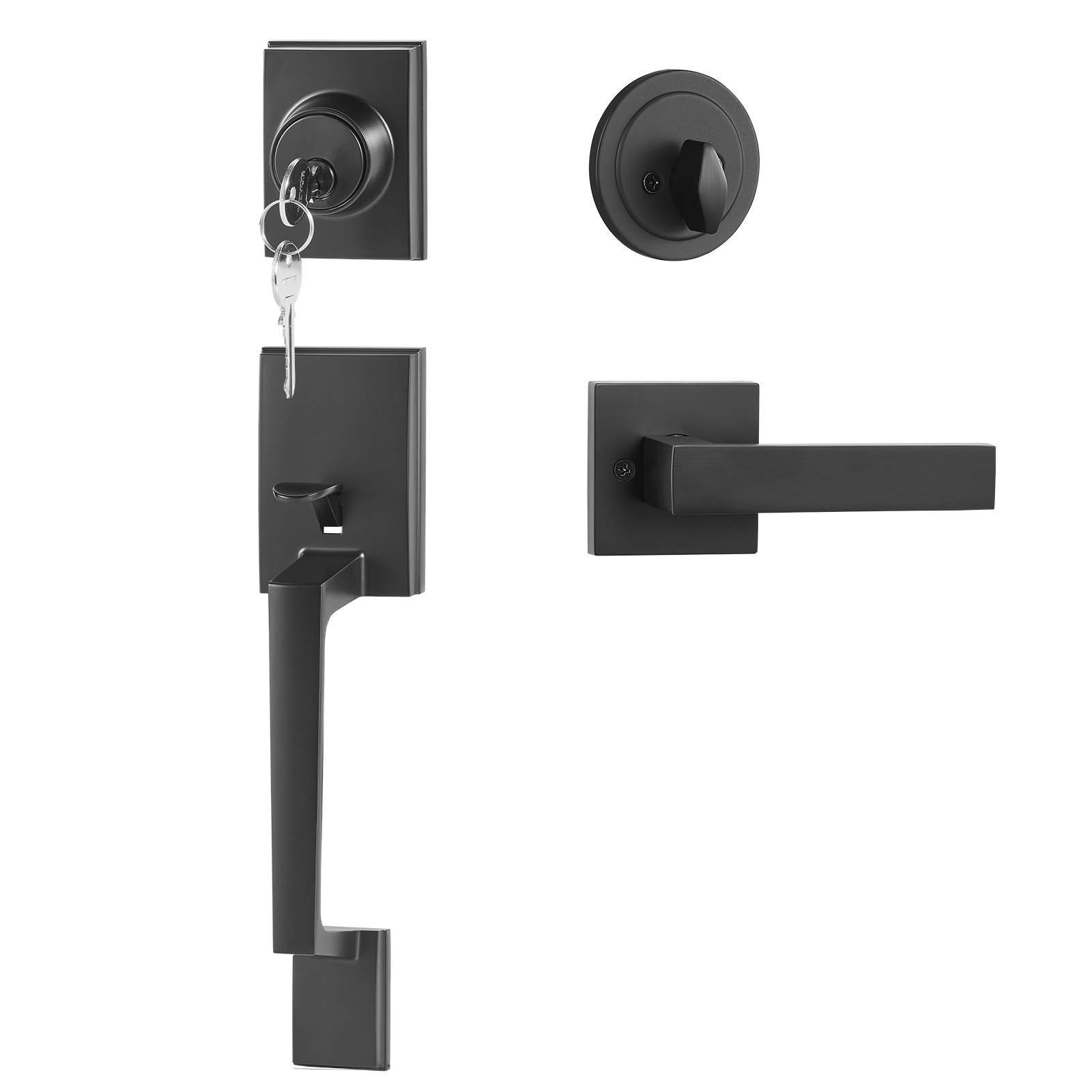 VEVOR Front Door Handle and Latch Set, Matte Black, Square Handle Set with Lever Door Handle, Single Cylinder Entrance Door Handle with Reversible Function for Right- and Left-Handed Entrance and Front Doors