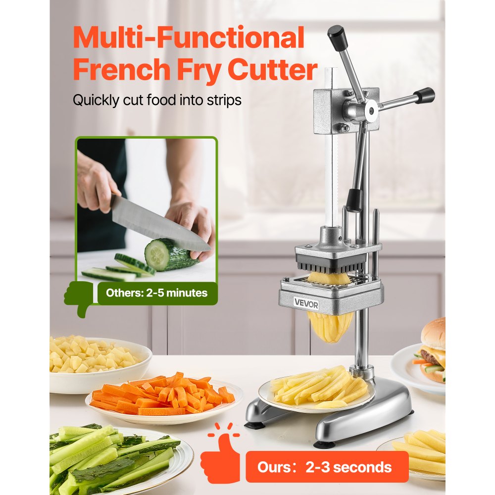 VEVOR Cortador de Papas Fritas Picador de Frutas y Verduras de Acero Inoxidable con 3 Cuchillas de Repuesto de 12,7 / 9,525 / 6,35 mm Cortador Manual de Papas para Restaurantes, Cocinas Domésticas