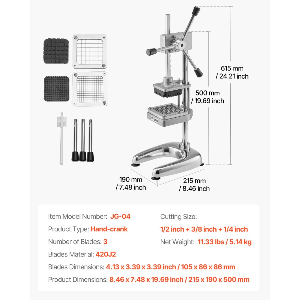 VEVOR Commercial French Fry Cutter, Stainless Steel Vegetable Fruit Chopper with 3 Replacement Blades 12.7mm 9.5mm 6.4mm, Manual Potato Slicer Dicer for Restaurants & Home Kitchen