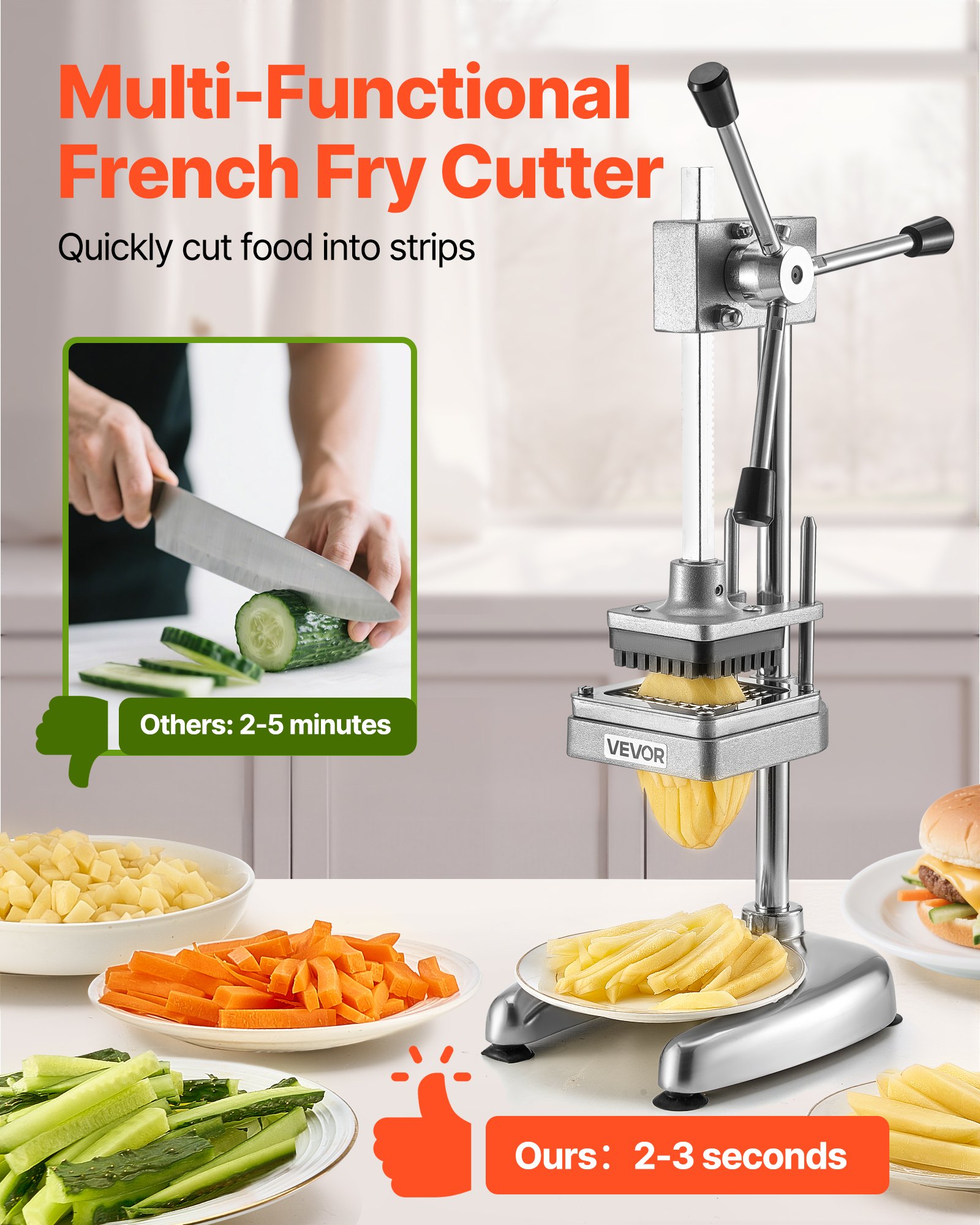 VEVOR Commercial French Fry Cutter, Stainless Steel Vegetable Fruit Chopper with 3 Replacement Blades 12.7mm 9.5mm 6.4mm, Manual Potato Slicer Dicer for Restaurants & Home Kitchen