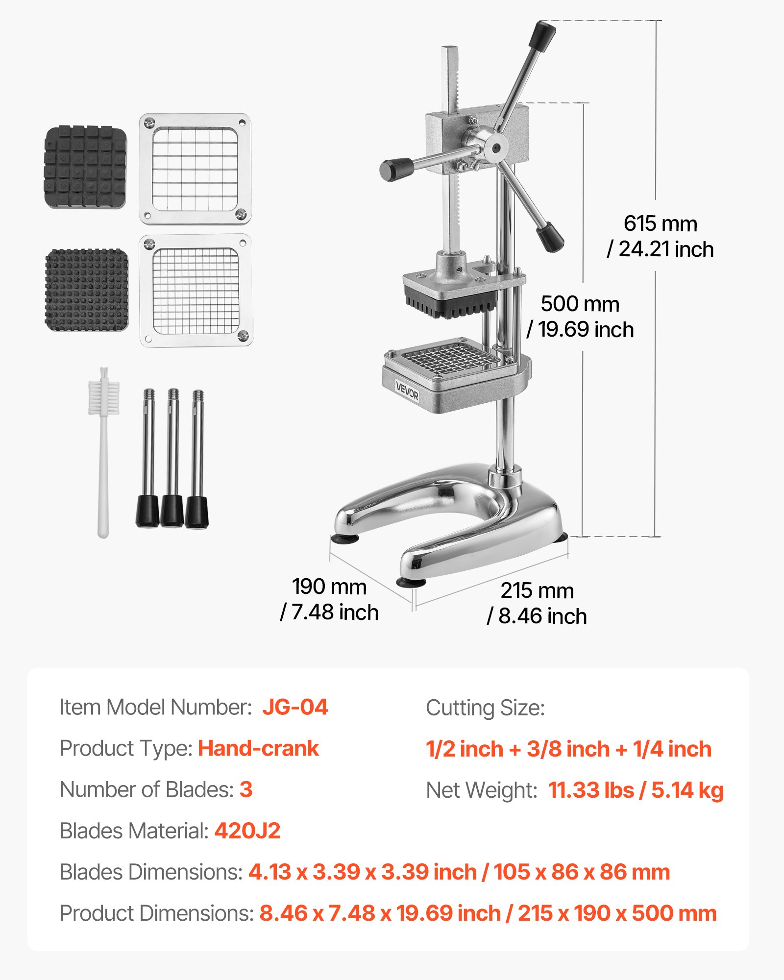 VEVOR Commercial French Fry Cutter, Stainless Steel Vegetable Fruit Chopper with 3 Replacement Blades 12.7mm 9.5mm 6.4mm, Manual Potato Slicer Dicer for Restaurants & Home Kitchen