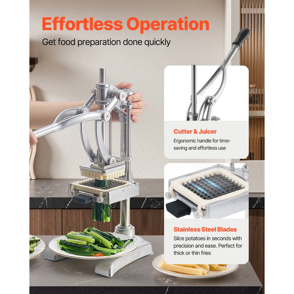 VEVOR Commercial French Fry Cutter, Stainless Steel Vegetable Fruit Chopper with 3 Replacement Blades 12.7mm 9.5mm 6.4mm, and a Juicing Blade, Manual Potato Slicer Dicer for Restaurants & Home Kitchen