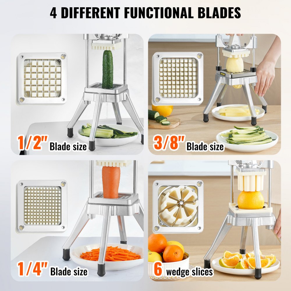 VEVOR Cortador de Verduras de Multifunción Profesional Manual con 4 Cuchillas de Acero Inoxidable 12,7/6,4/9,5 mm y 6 Cuchillas de Repuesto para Rebanar Palitos de Frutas Restaurante de Cocina