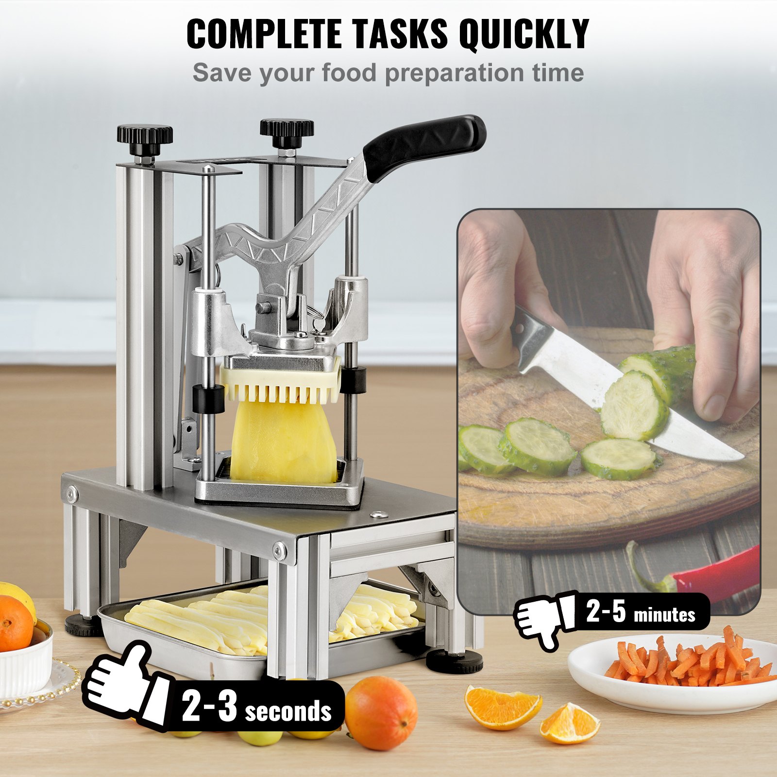 VEVOR Cortador Manual Profesional de Patatas Fritas Cortador de Verduras 4 Cuchillas de Acero Inoxidable 6,4/9,5 mm 1 Cortador y 1 Cortador de Manzanas de 6 Cuñas Cortador de Patatas para Cocinas